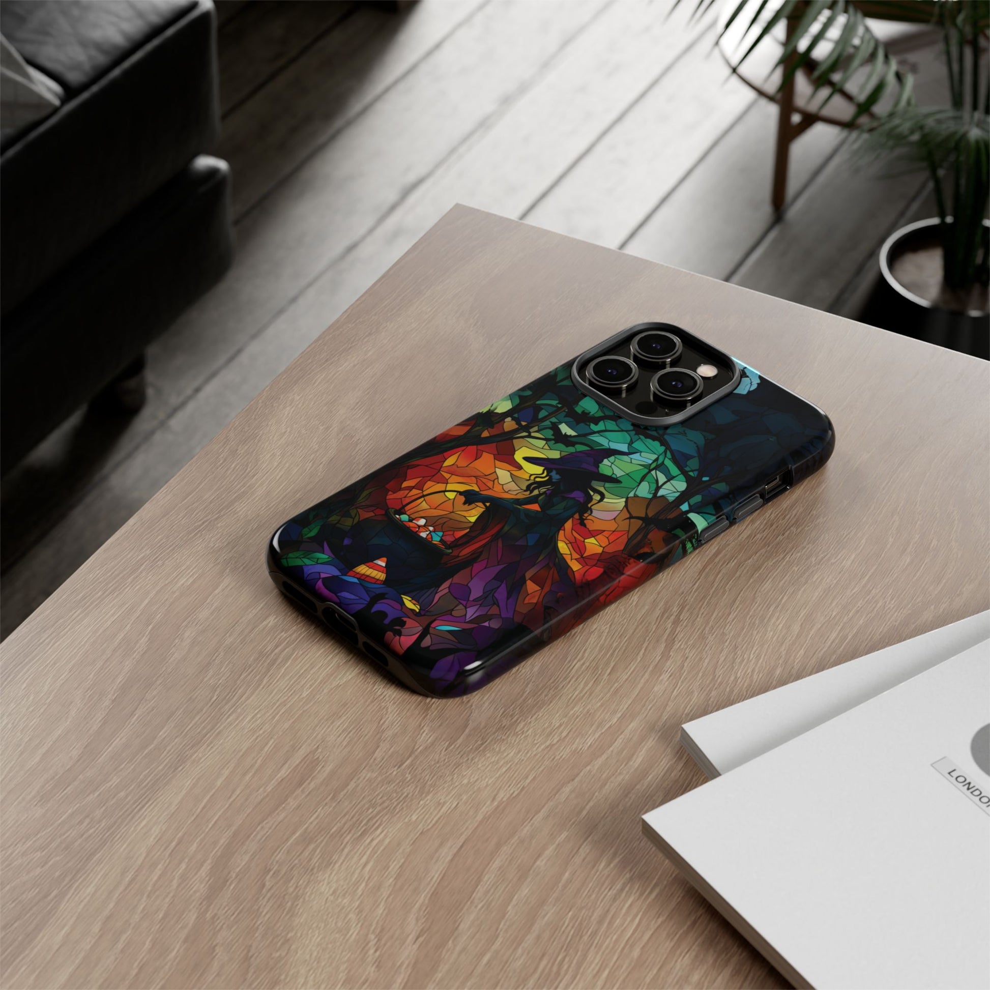 Halloween Witch Stained Glass Dark Academia Spooky Fall Witchy Pumpkin Bats Seasonal Fall Mosaic Case iPhone 13 14 15 16 Pro Max