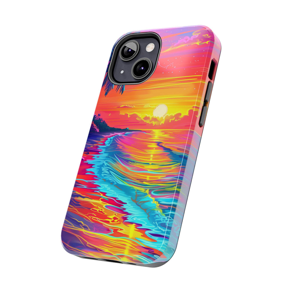 Tough Beach Sunrise Phone Case - Durable Case Lisa Frank Inspired Beach Art - Vibrant Beach Design - Colorful Phone Case for Beach Lovers
