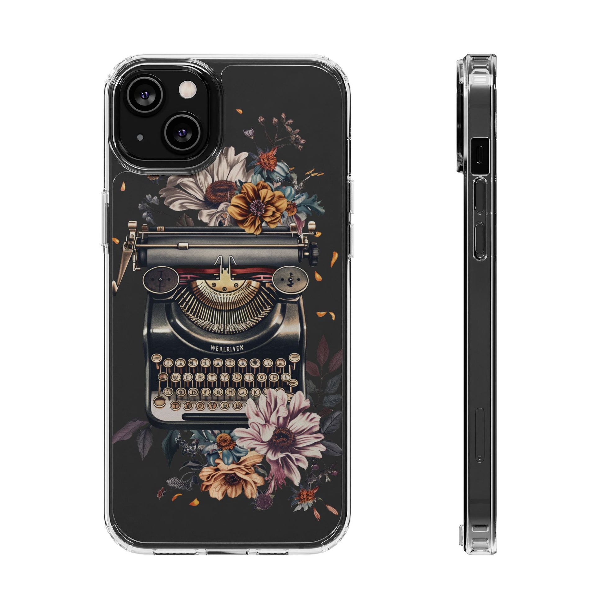 Vintage Cottagecore Typewriter Clear Phone Case with Floral Dark Academia Nostalgic Artistic Typography iPhone 13 14 15 16 Pro Max