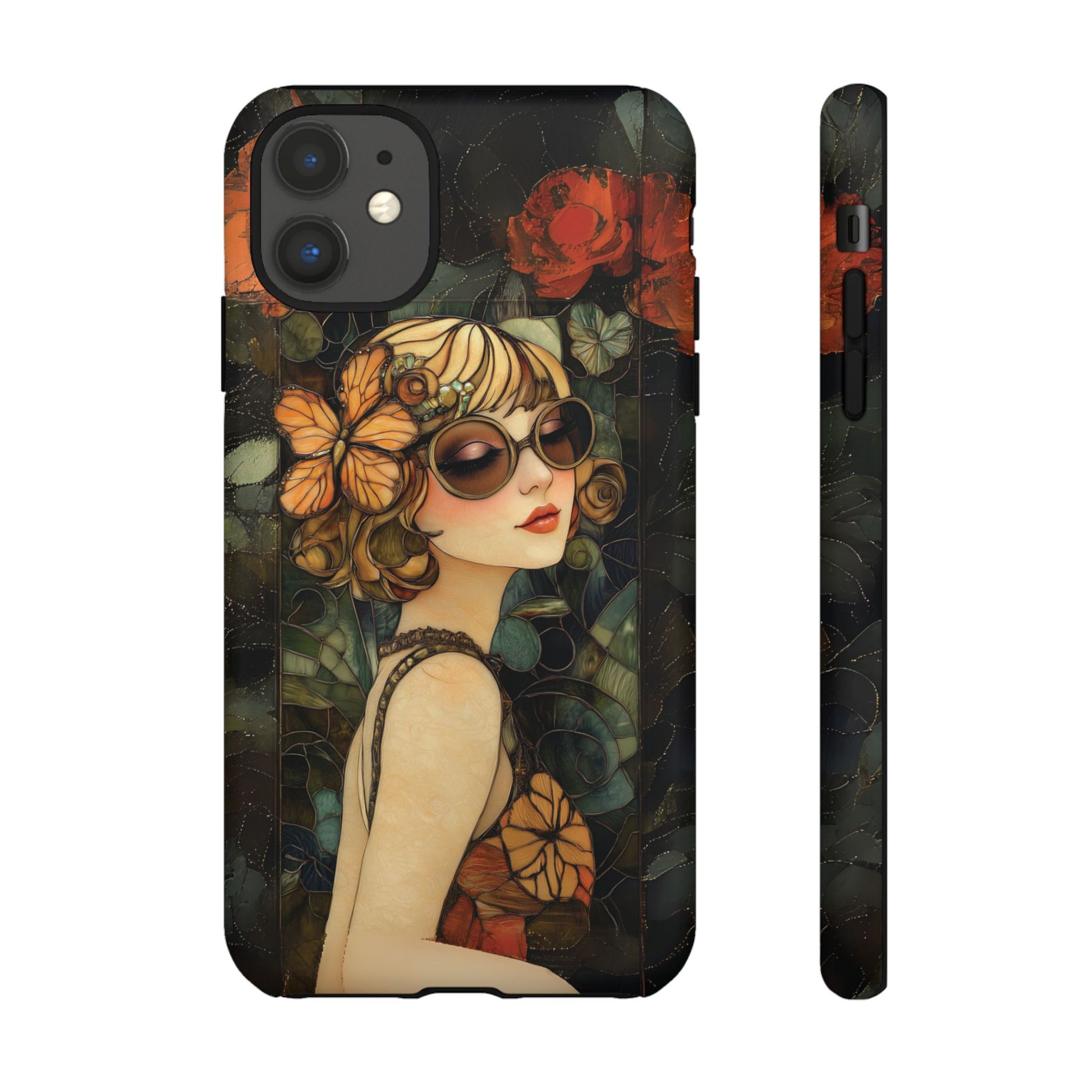 Butterfly Art Deco Flapper Woman Mosaic Phone Case 1920s Art Nouveau Design in Red Stained Glass Alphonse Mucha Style Gatsby Style Poster