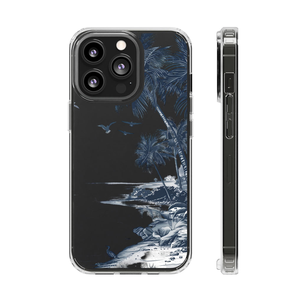Hand-Drawn Art Beach Scene Clear Phone Case Tropical Palm Trees Surfing iPhone 13 14 15 16 Pro Max Galaxy S23