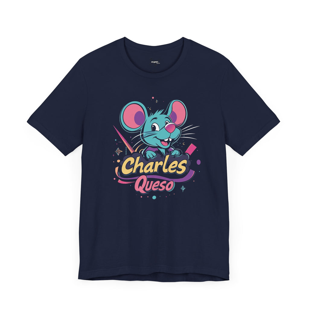 Charles Queso Mouse Logo Tee, Unisex Graphic T-Shirt, Colorful 80s Style Top, Retro Company Shirt, Gift for Mouse Lovers