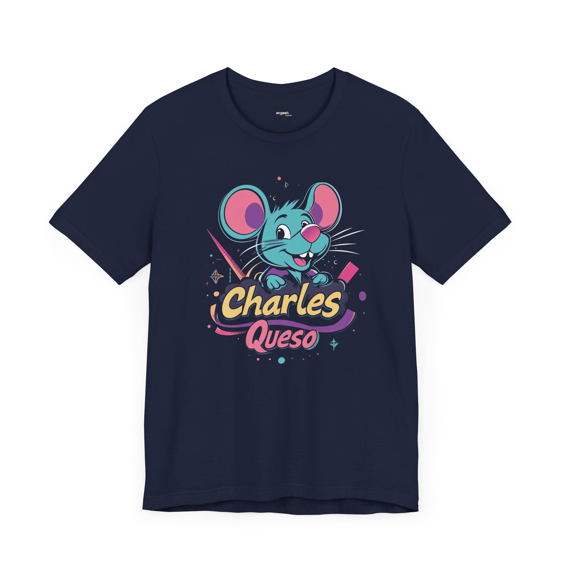 Charles Queso Mouse Logo Tee, Unisex Graphic T-Shirt, Colorful 80s Style Top, Retro Company Shirt, Gift for Mouse Lovers