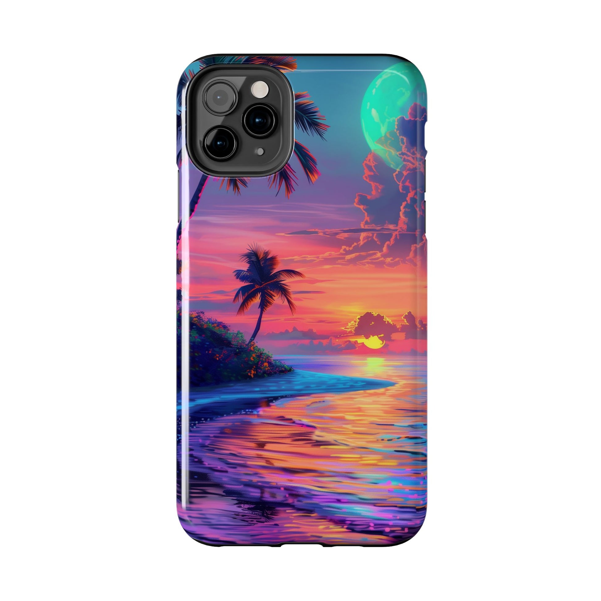Tough Beach Scene Phone Case - Durable Phone Cover with Lisa Frank Inspired Beach Art - Protective Case with Vibrant Beach Design