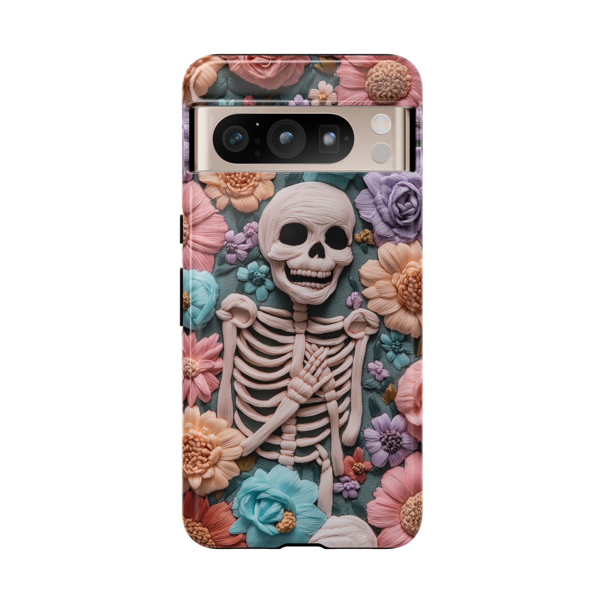 Embroidered Skeleton Gothic Cottagecore Halloween Phone Case 3D Look Flowers Pastel Custom 13 14 15 16 Pro Max Plus Galaxy Pixel