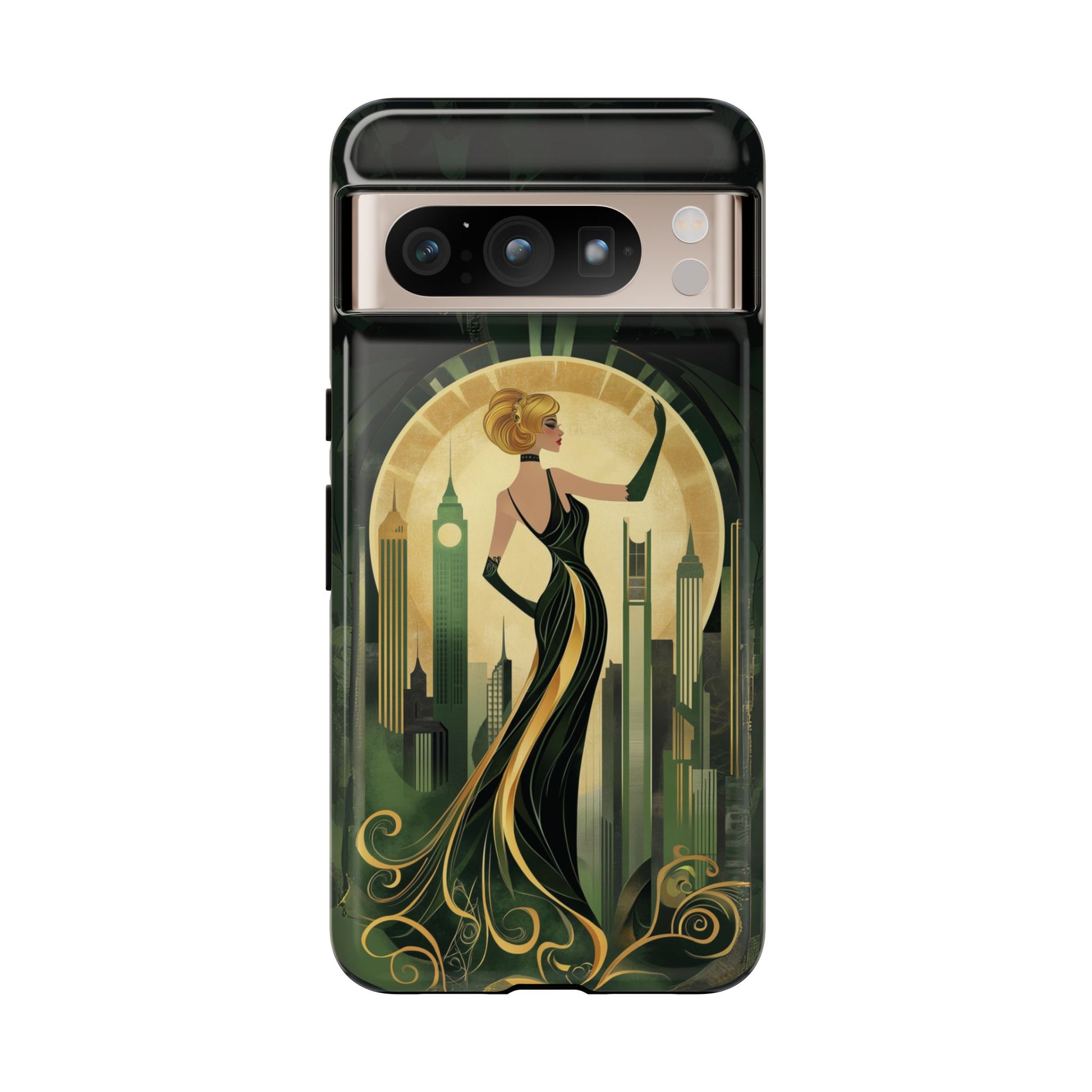 Emerald City Art Deco Flapper Woman Phone Case 1920s Art Nouveau Design in Emerald & Gold Alphonse Mucha Style Gatsby Style Poster