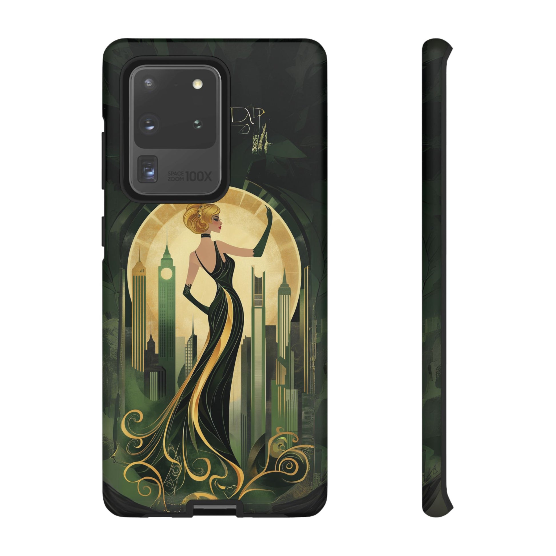 Emerald City Art Deco Flapper Woman Phone Case 1920s Art Nouveau Design in Emerald & Gold Alphonse Mucha Style Gatsby Style Poster