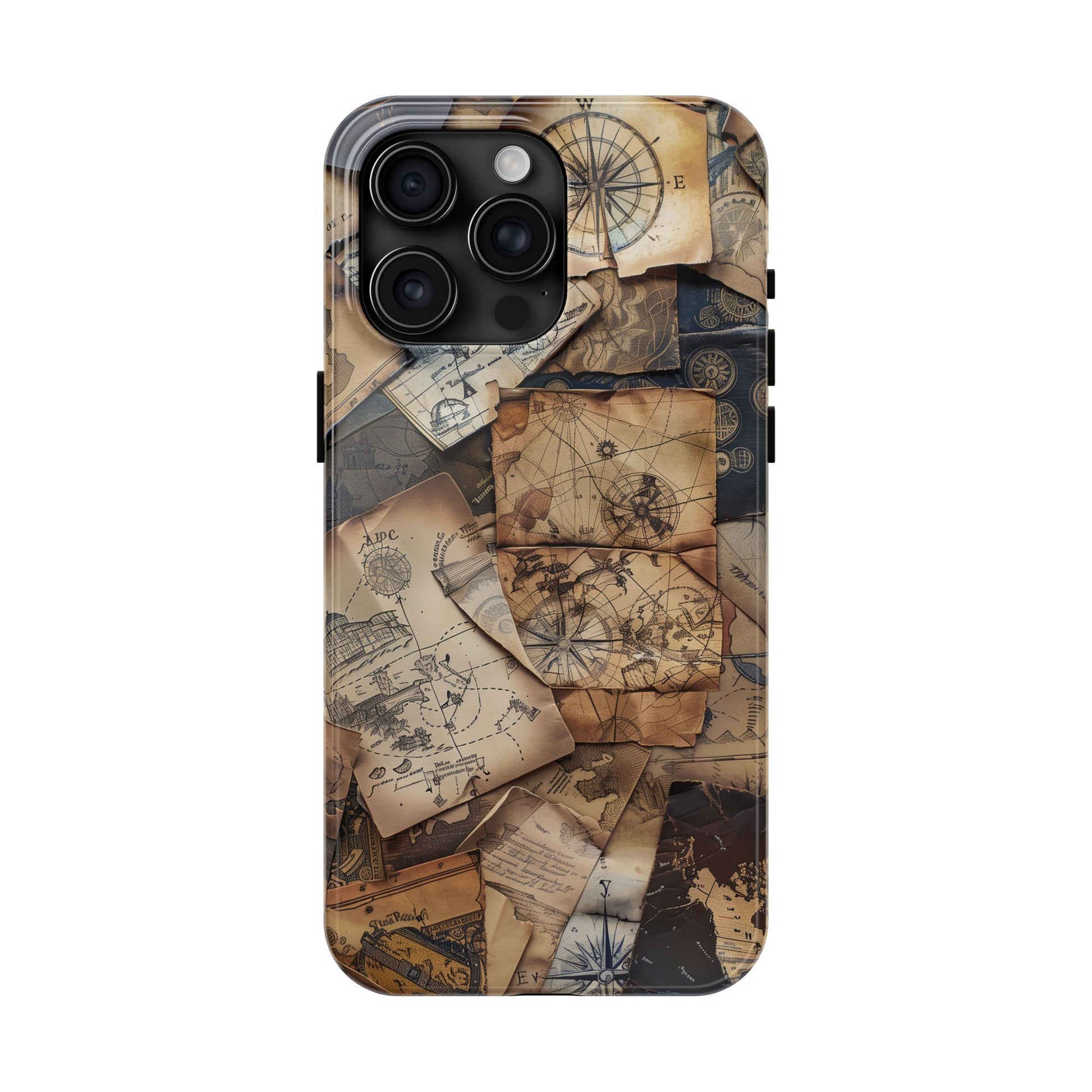 Double Layer Adventure Phone Case - Protective Phone Case Vintage Map and Compass Design - Dual Layer Case with Map Print
