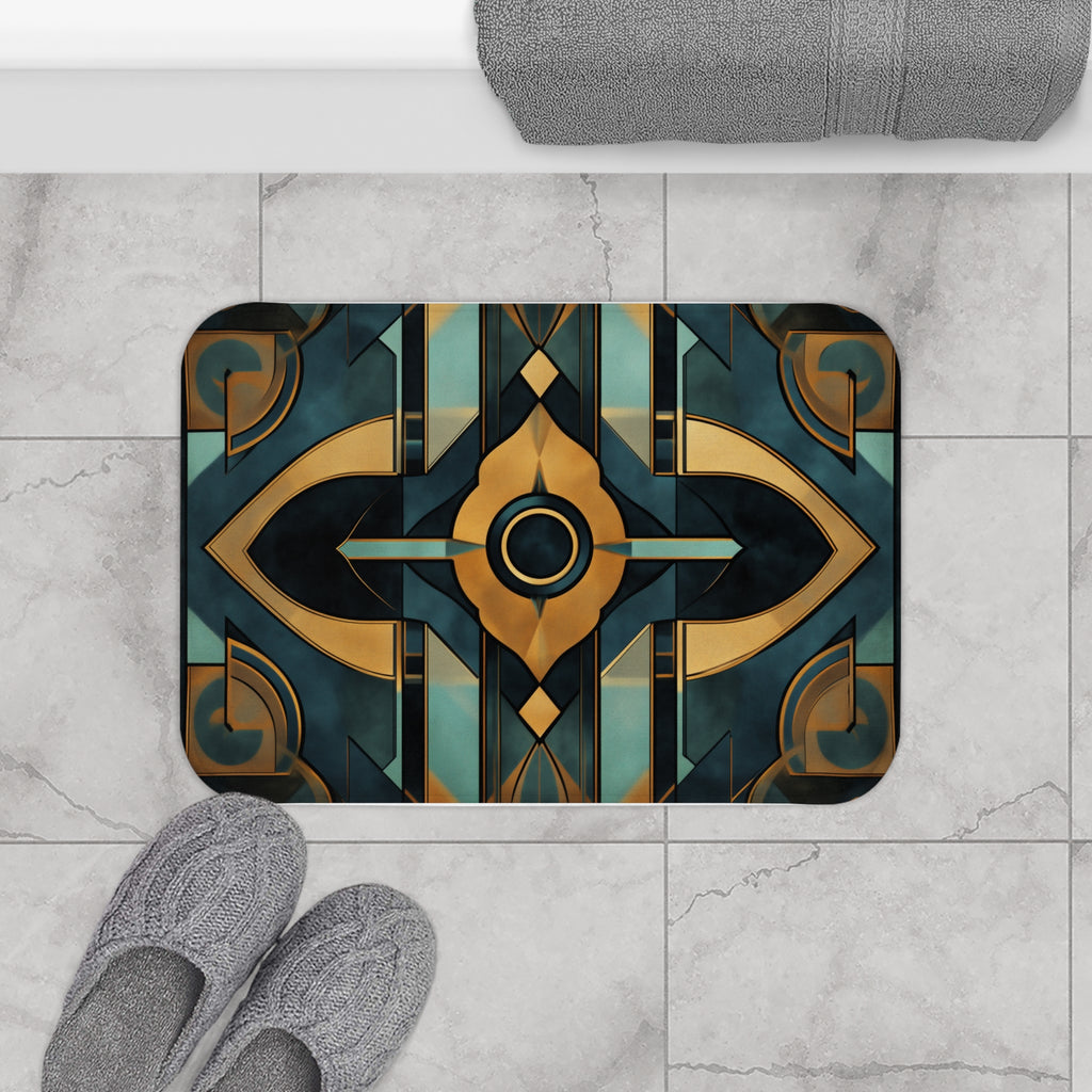 Art Nouveau Deco Bath Mat Geometric Design Teal and Gold Bathroom Decor