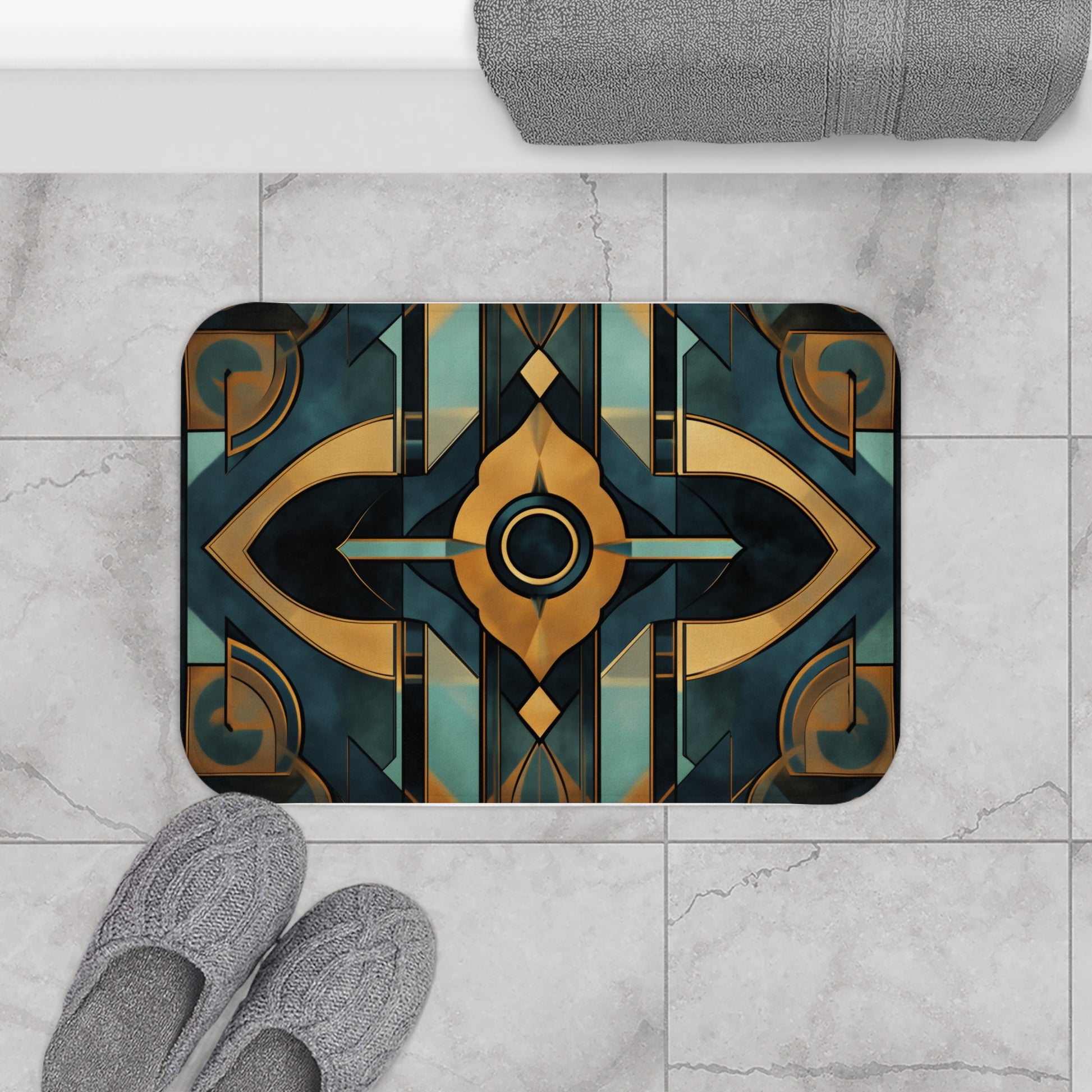 Art Nouveau Deco Bath Mat Geometric Design Teal and Gold Bathroom Decor