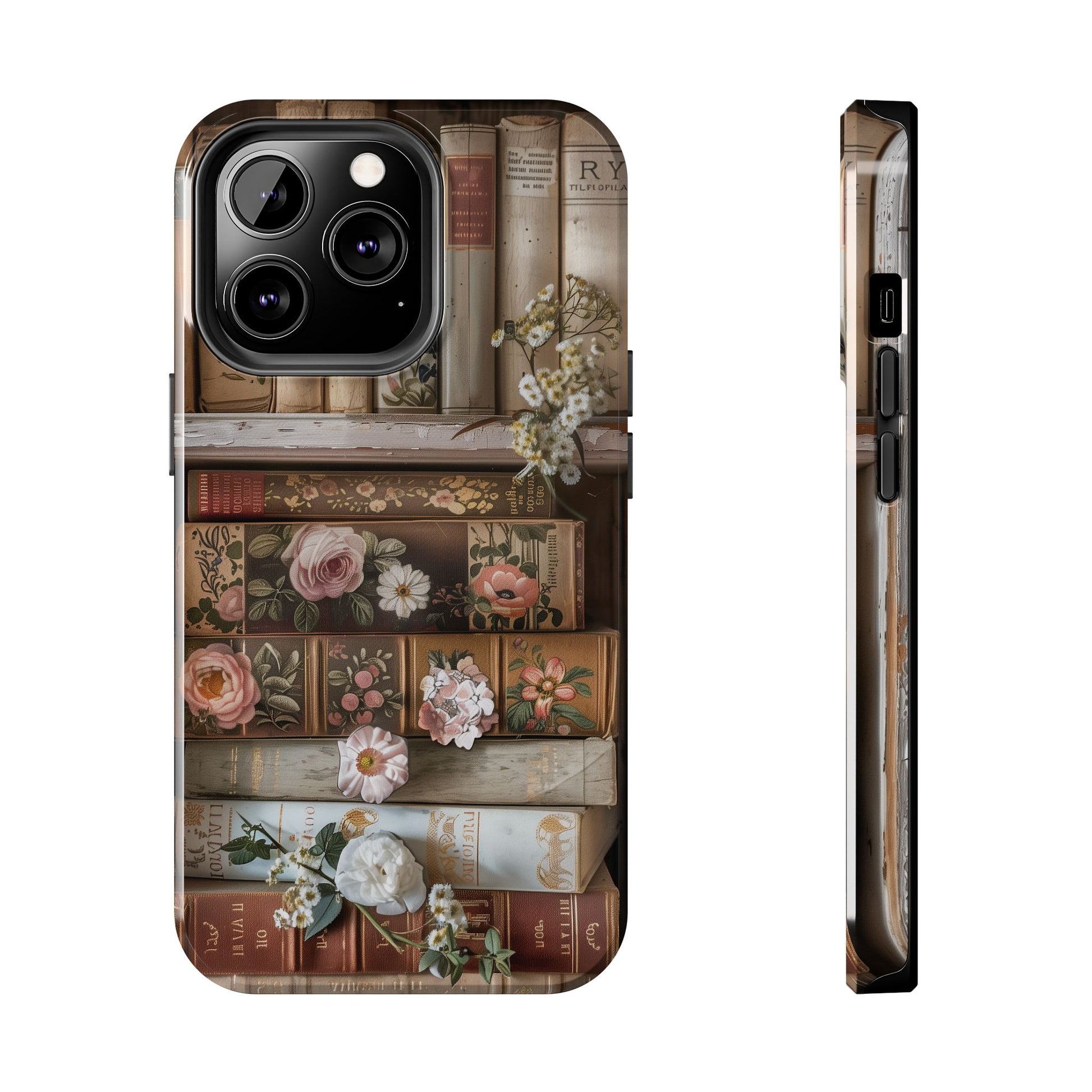 Vintage Book Stack Cottagecore Phone Case, Books with Floral Decor, Leather & Cloth Fliral iPhone Case, Pastel Roses Daisies Wildflowers