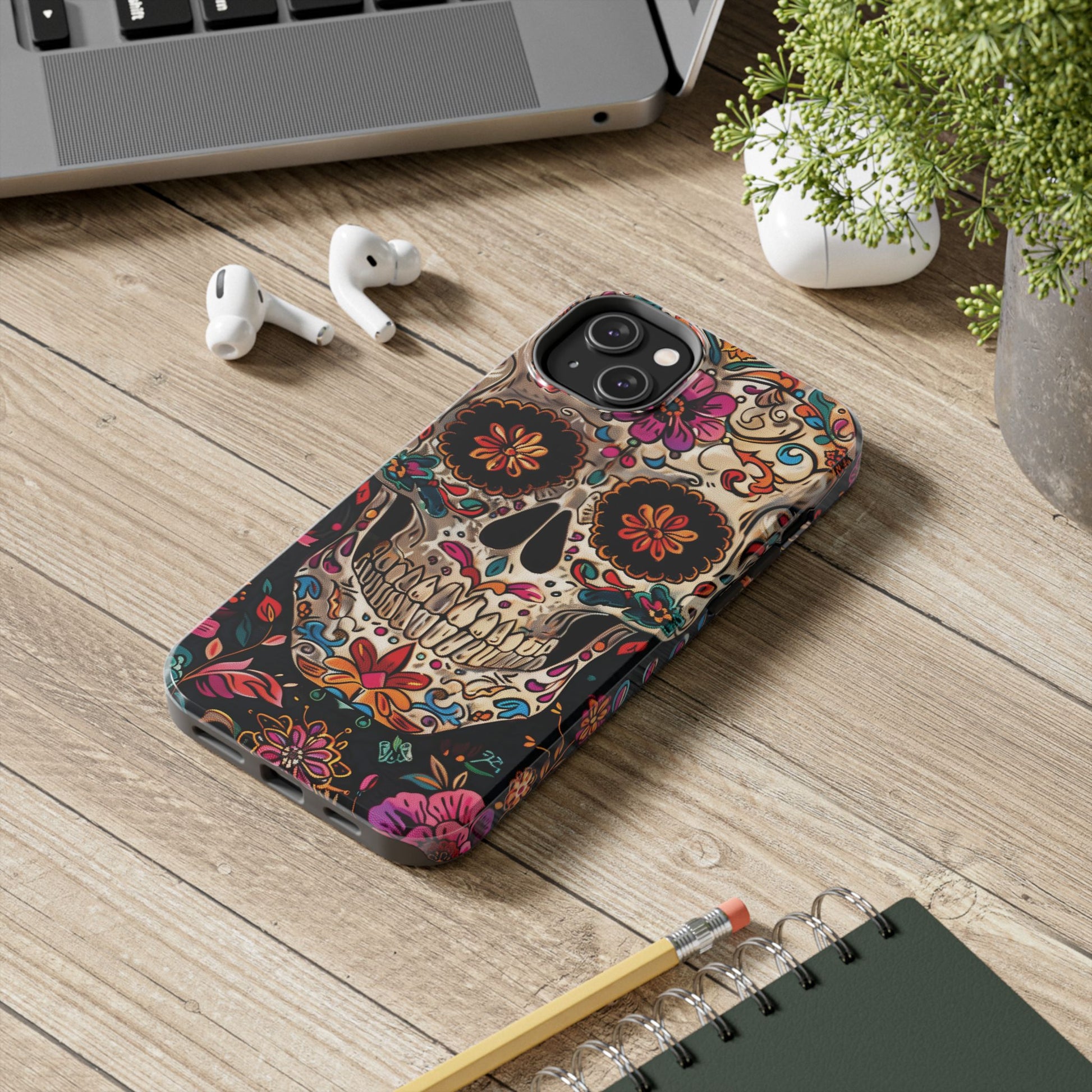 Sugar Skull Phone Case Flowers and Skeletons, Halloween Cottagecore Day of the Dead, Dia de Los Muertos Gothic, iPhone 15 Spooky Case