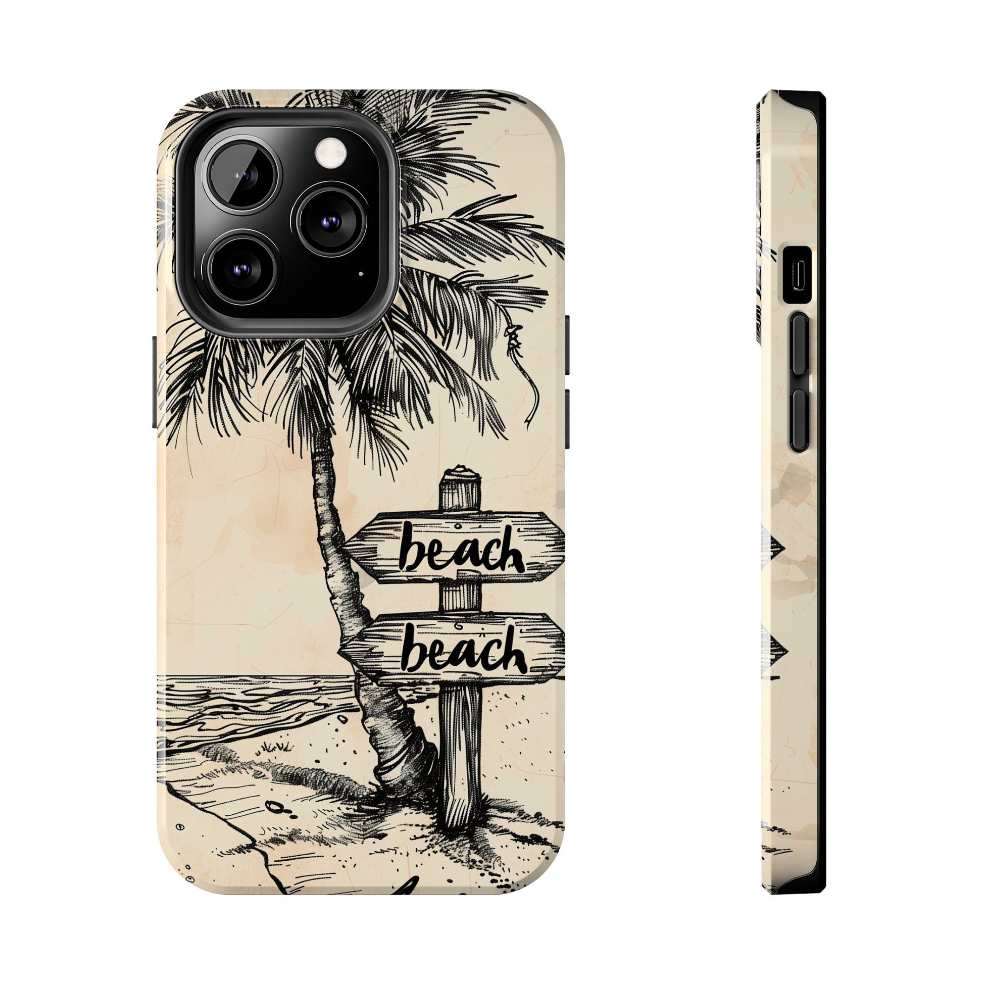 Hand-Drawn Beach Scene Phone Case, Palm Tree iPhone Case, Artistic Tough iPhone 15 Pro Max Case, Hand Drawn Tropicsl Beach iPhone 14 Case