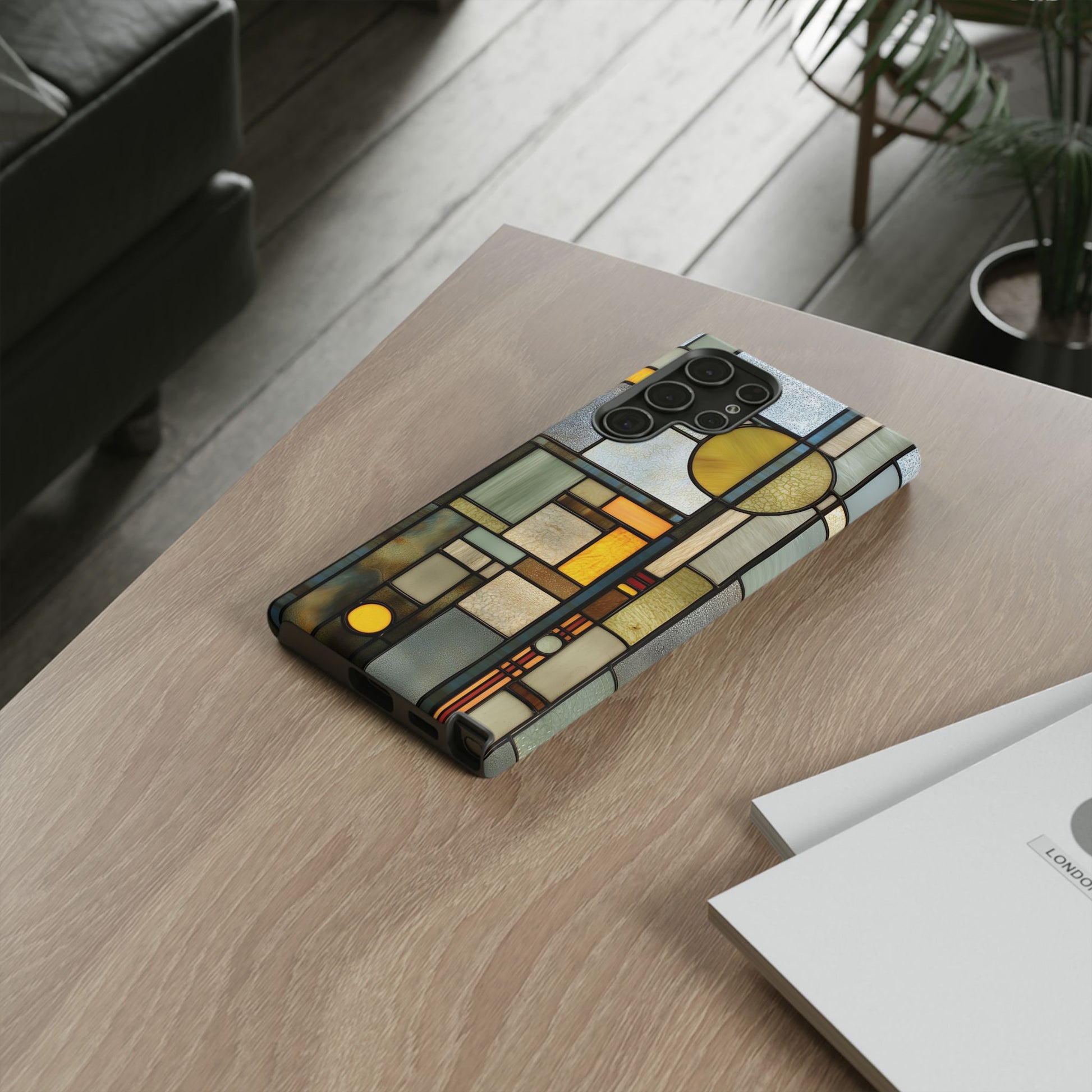 Green Art Deco Stained Glass Phone Case Frank Lloyd Wright Cottage Core Usonian Prairie Style Geometric Stylish  iPhone 14 15 16 Pro