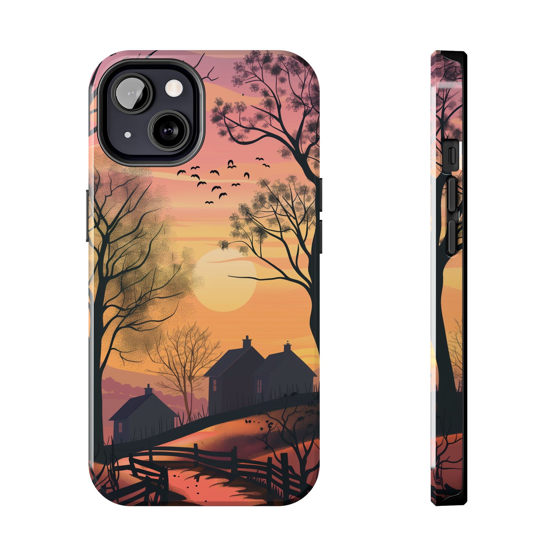Cottagecore Countryside Sunset Phone Case Cottagecore Aesthetic, Tranquil Pastel Sky Gradient & Silhouette Trees, Whimsical Nature Art Cover