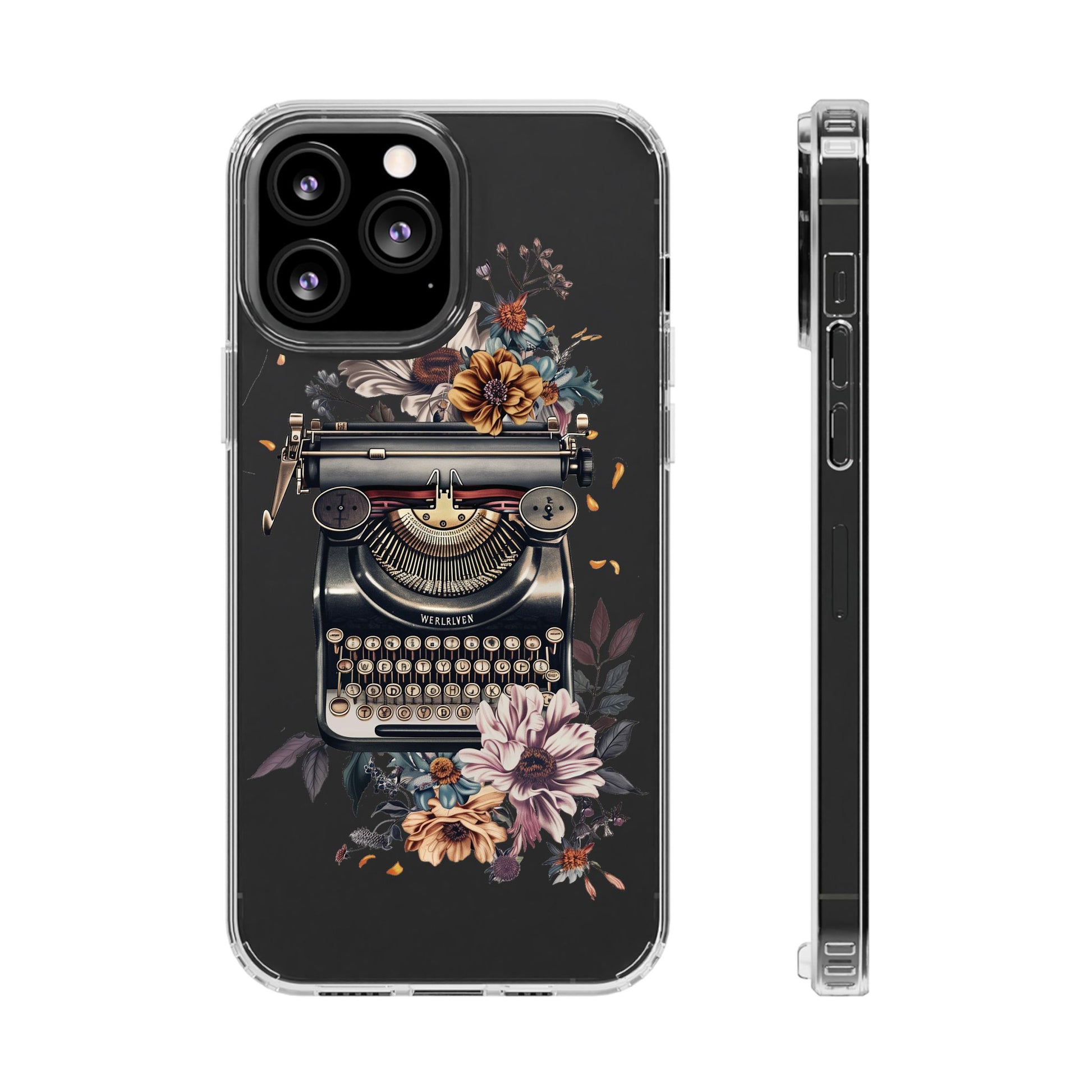 Vintage Cottagecore Typewriter Clear Phone Case with Floral Dark Academia Nostalgic Artistic Typography iPhone 13 14 15 16 Pro Max