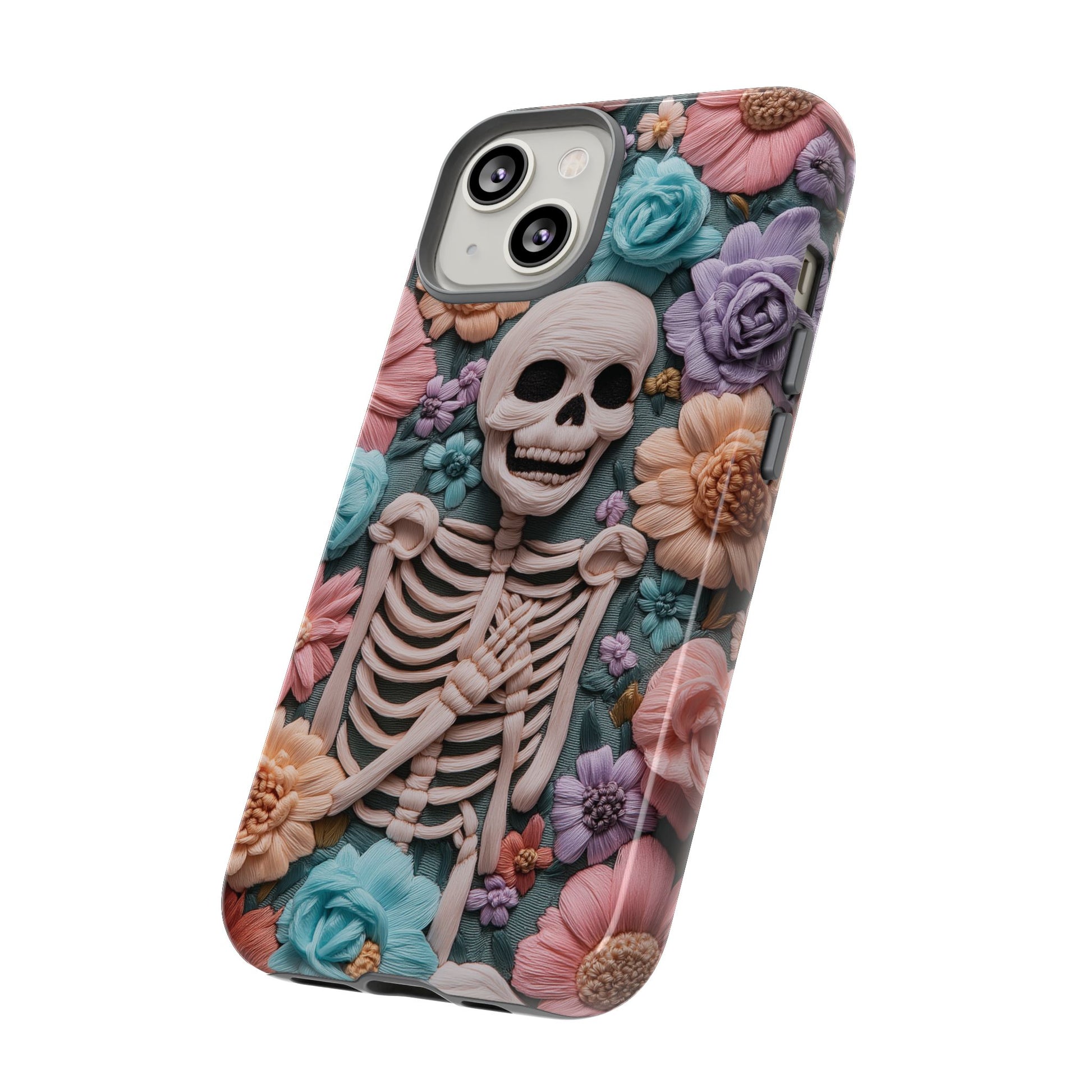 Embroidered Skeleton Gothic Cottagecore Halloween Phone Case 3D Look Flowers Pastel Custom 13 14 15 16 Pro Max Plus Galaxy Pixel