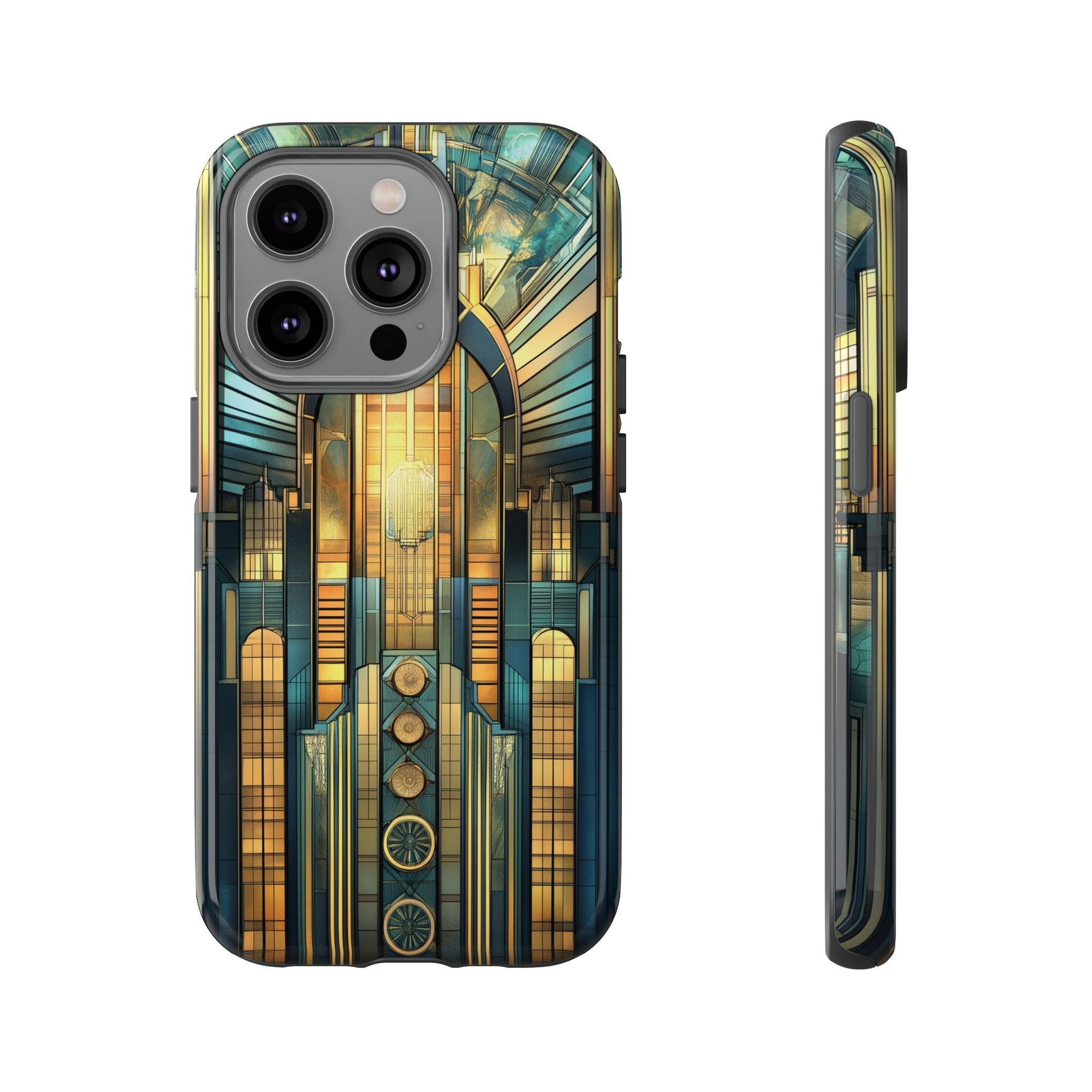 Phone Case Art Deco City Frank Lloyd Wright Teal Gold Protective Covers, Stylish Accessories, Great Gatsby Noir Nouveau iPhone 14 15 16 Pro