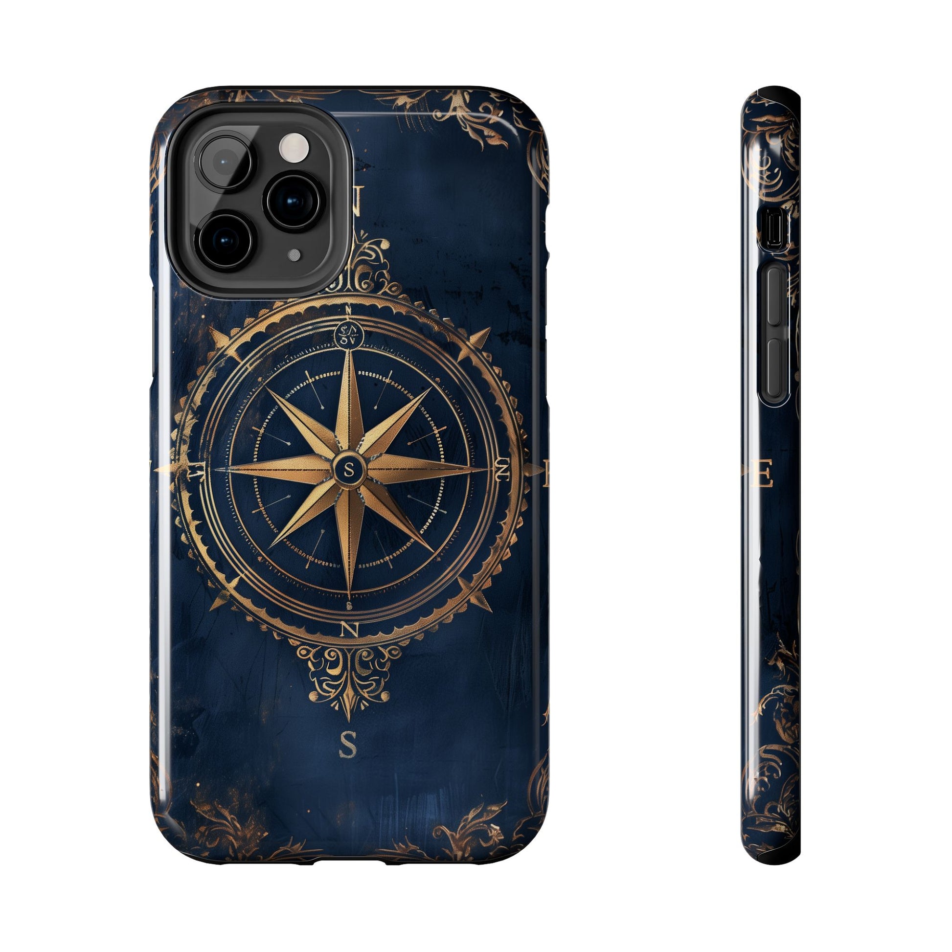 Golden Compass Rose Phone Case, Dark Blue Nautical Design, Unique Maritime Smartphone Cover, Stylish Accessory, Perfect for Travel Lovers