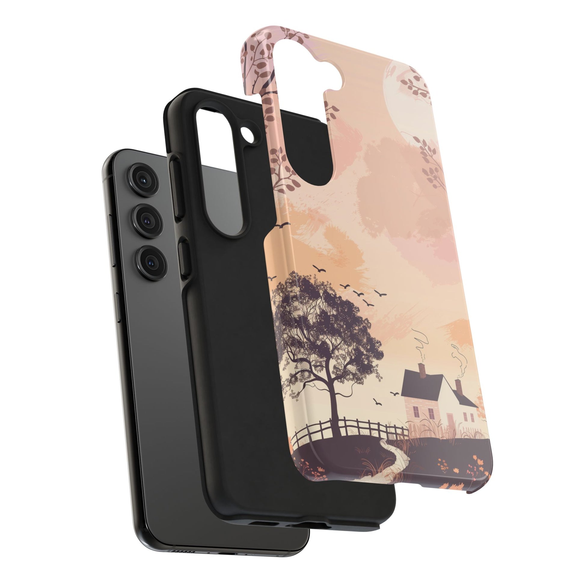 Cottagecore Countryside Sunset Phone Case Cottagecore Aesthetic, Tranquil Pastel Sky Gradient & Silhouette Trees, Whimsical Nature Art Cover