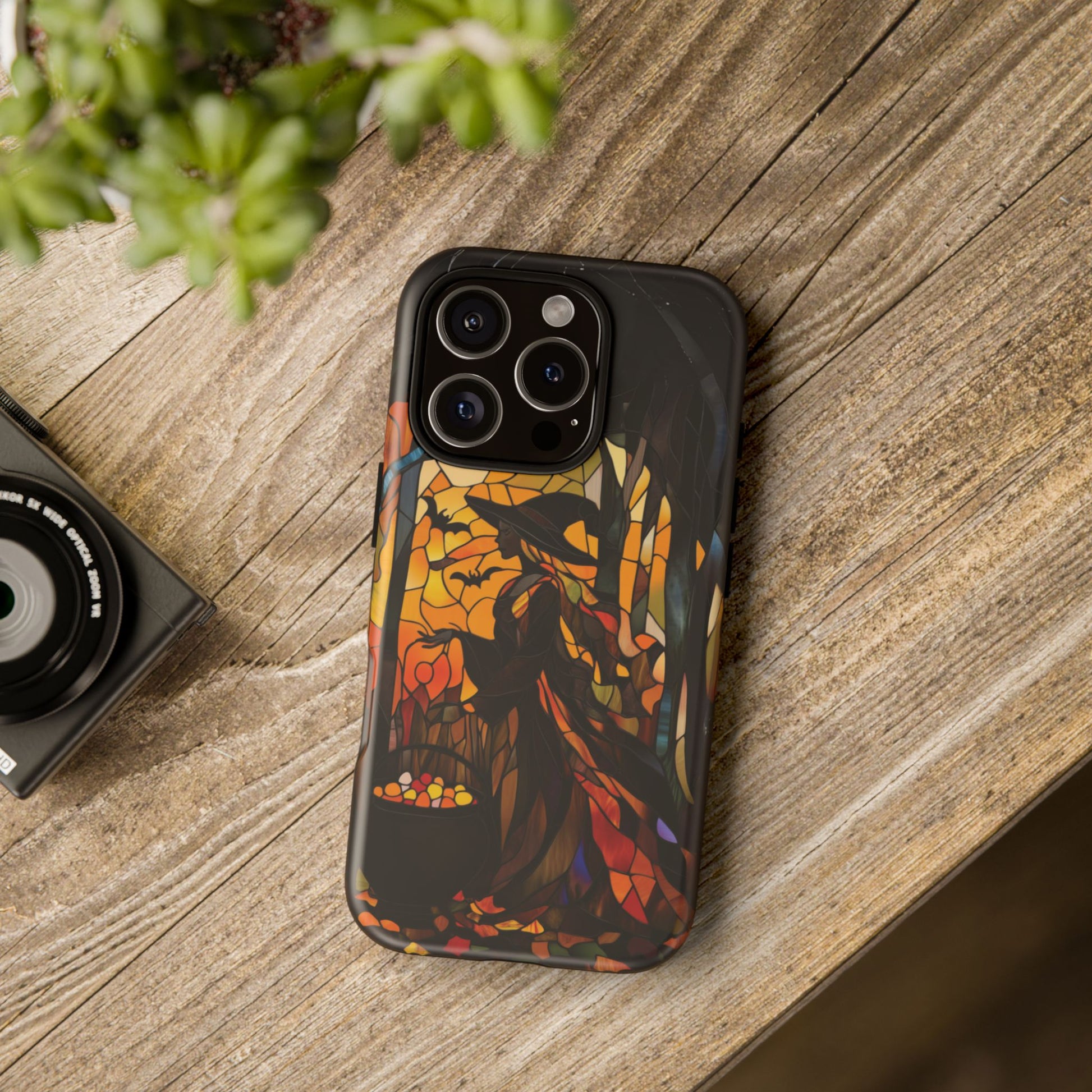 Halloween Witch Stained Glass Effect Dark Academia Spooky Fall Witchy Pumpkin Bats Seasonal Fall Mosaic Case iPhone 13 14 15 16 Pro Max