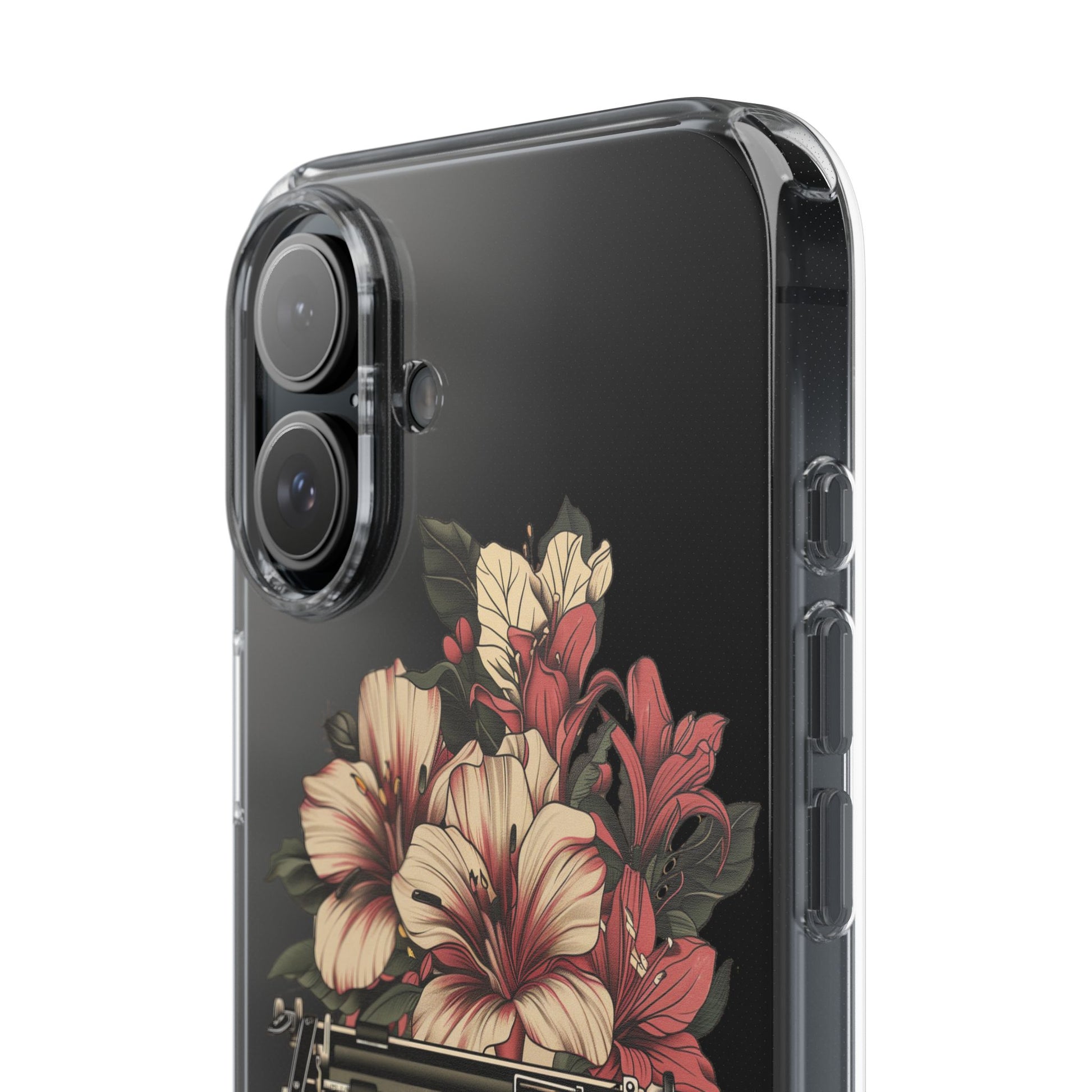 Dark Academia Clear Phone Case Vintage Typewriter Floral Accents Cottagecore Typography Nostalgic Typewriter iPhone 13 14 15 16 Pro Max