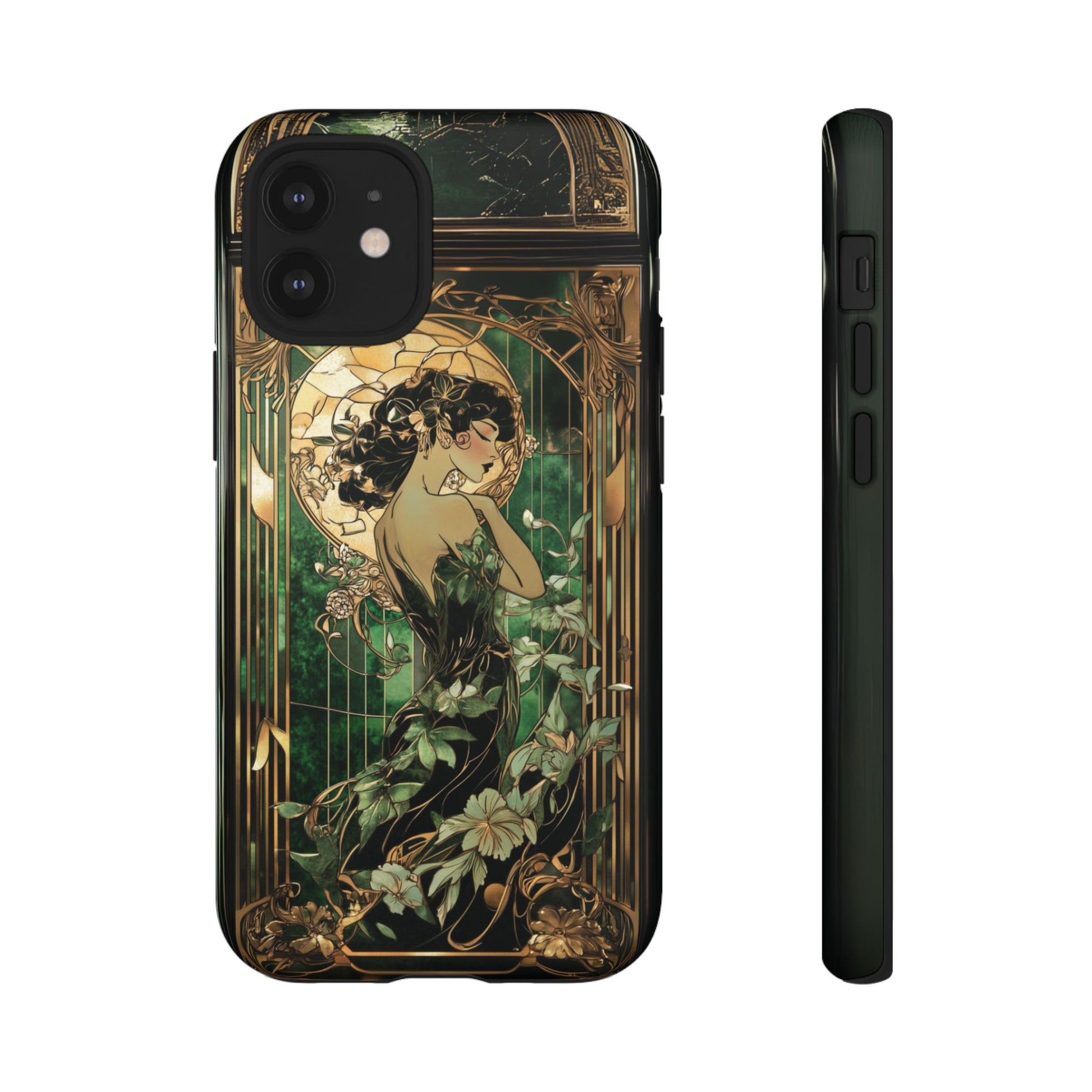 Art Deco Fairy Flapper Woman Phone Case 1920s Art Nouveau Design in Emerald & Gold Alphonse Mucha Style Gatsby Style Poster