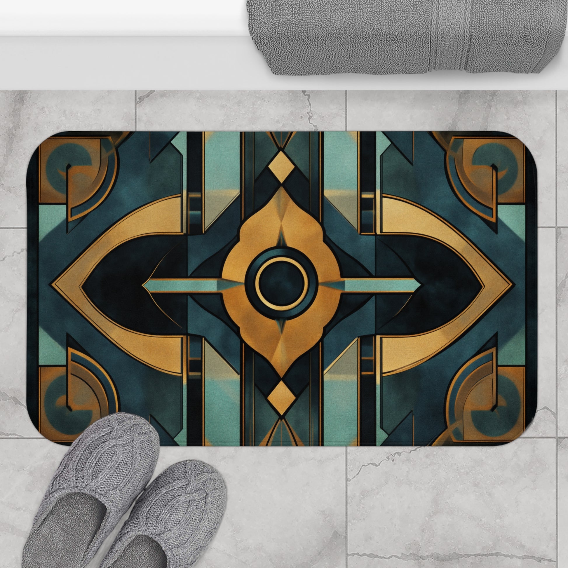 Art Nouveau Deco Bath Mat Geometric Design Teal and Gold Bathroom Decor