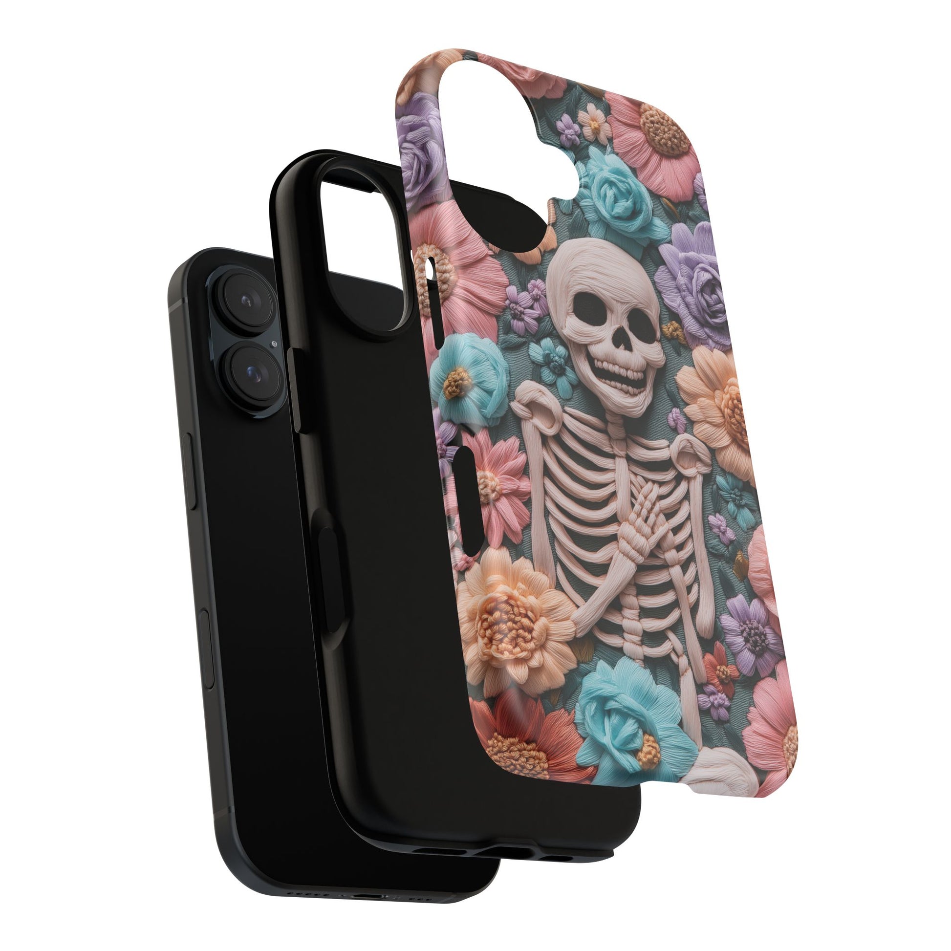 Embroidered Skeleton Gothic Cottagecore Halloween Phone Case 3D Look Flowers Pastel Custom 13 14 15 16 Pro Max Plus Galaxy Pixel