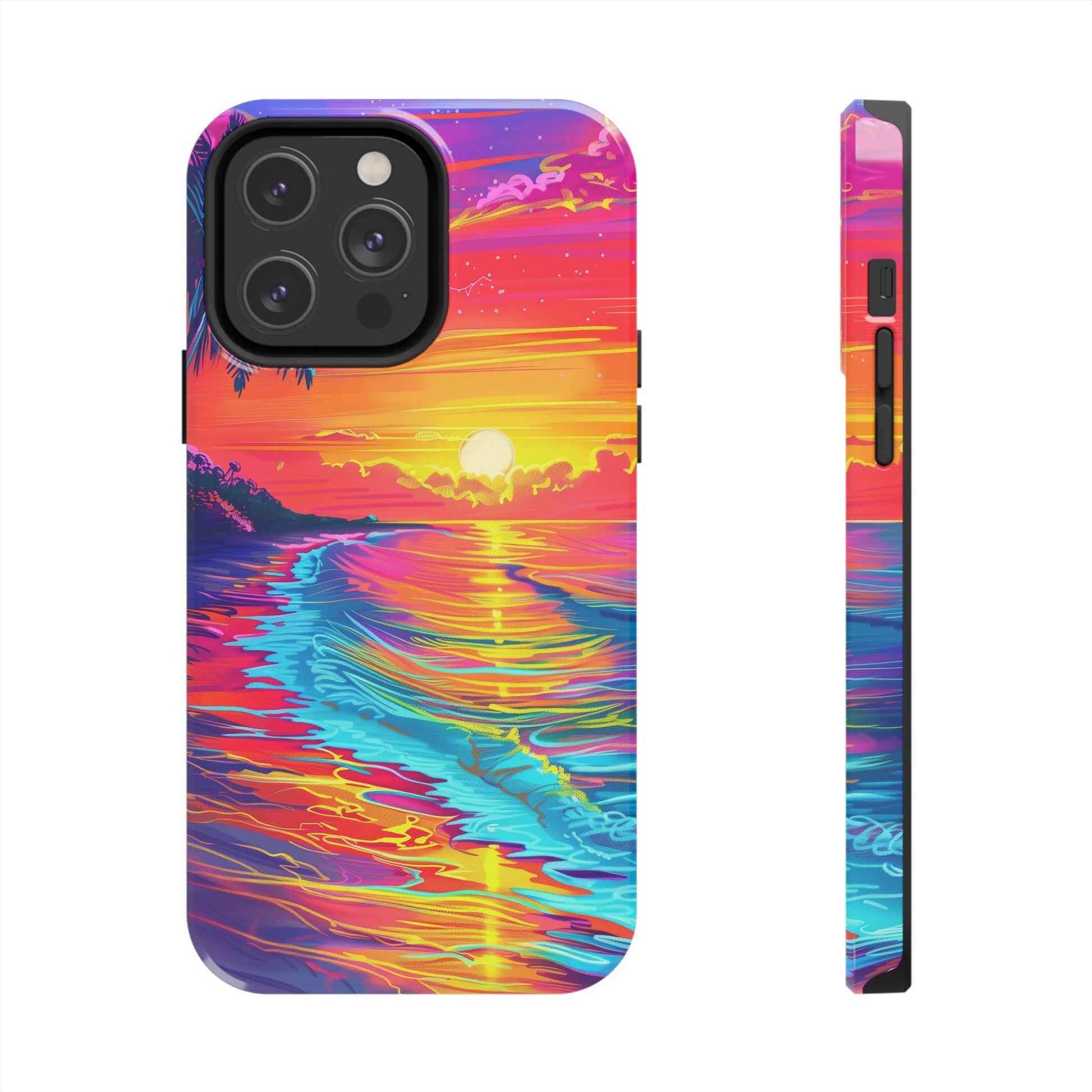 Tough Beach Sunrise Phone Case - Durable Case Lisa Frank Inspired Beach Art - Vibrant Beach Design - Colorful Phone Case for Beach Lovers