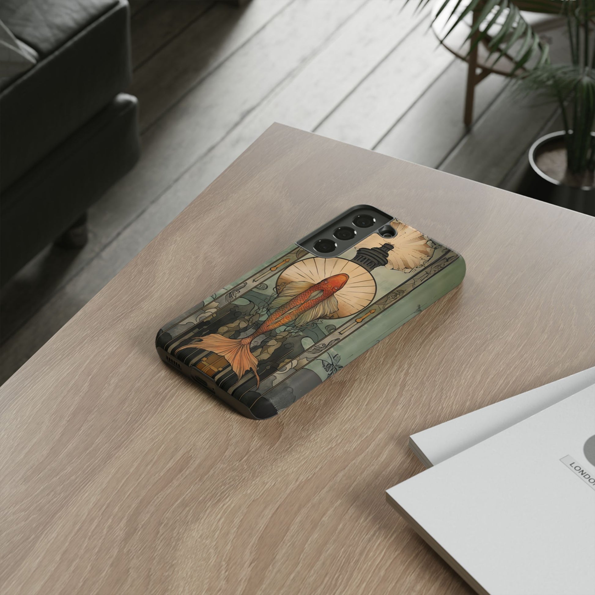 Art Deco Fish Frank Lloyd Wright Inspired Phone Case Geometric Stained Glass Art Deco Gold 13 14 15 16 iPhone Pro Max Galaxy Pixel
