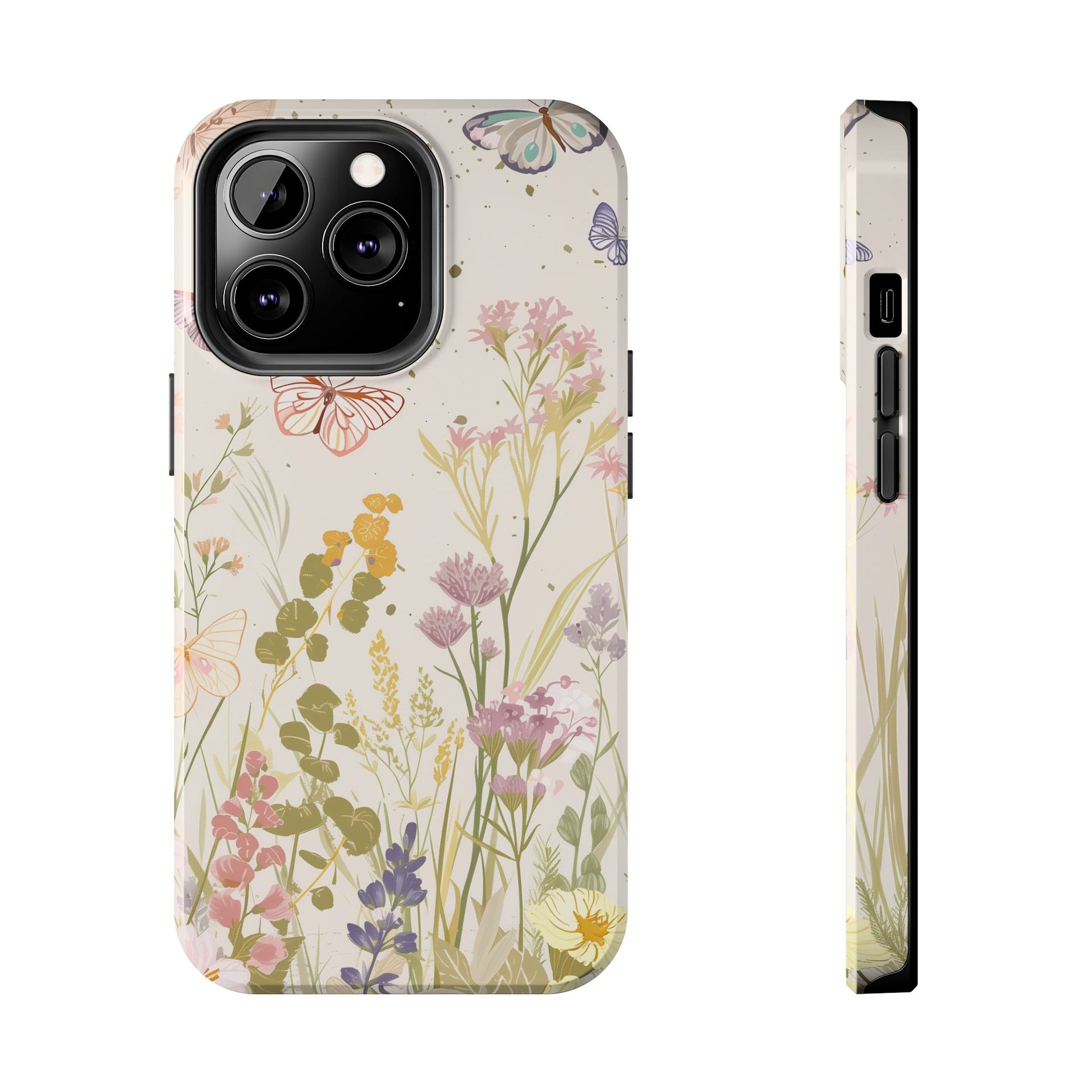 Butterfly Meadow Scene Cottagecore iPhone 15, Pastel Wildflowers & Butterflies, Natural iPhone Case, Cottagecore Garden Case, iPhone 14