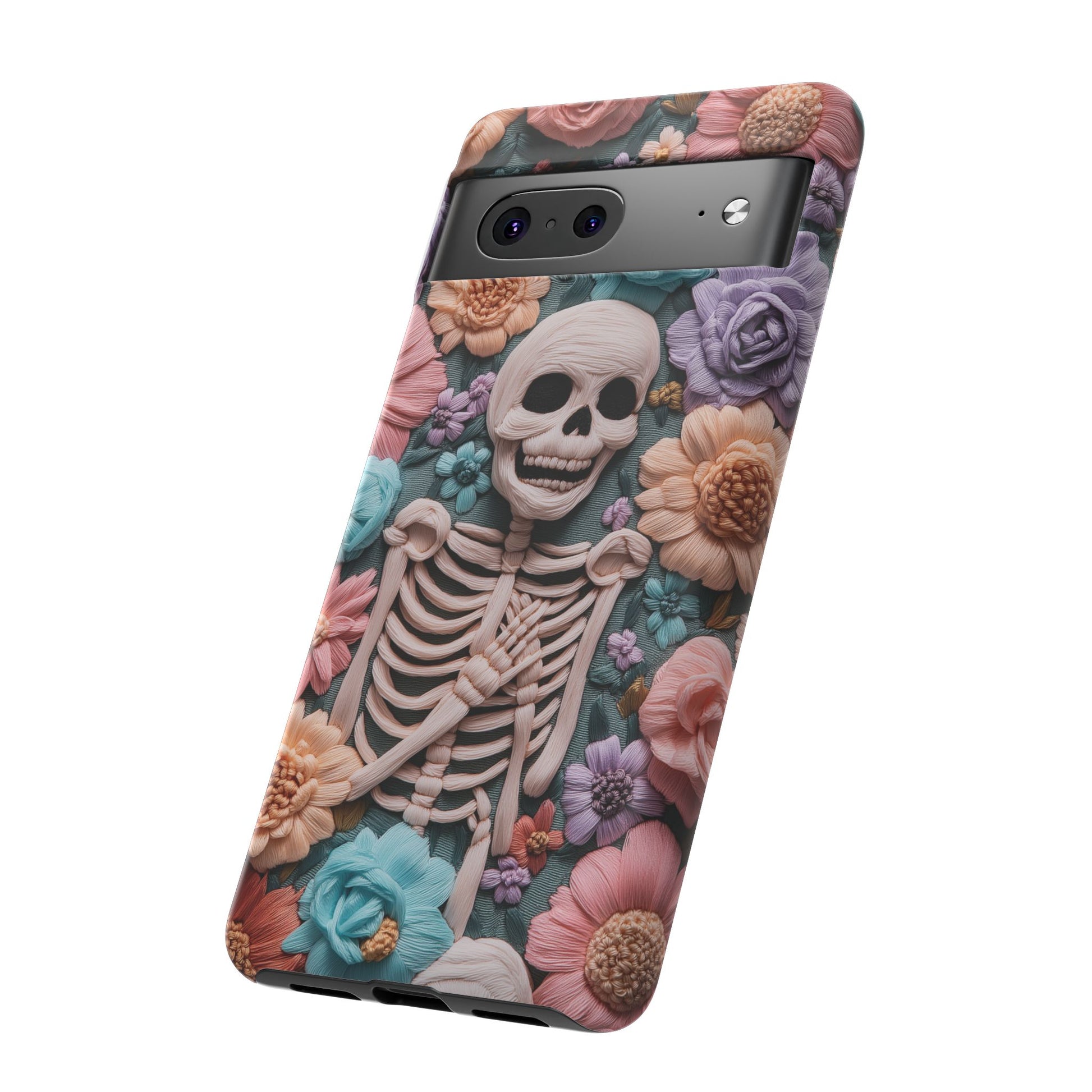 Embroidered Skeleton Gothic Cottagecore Halloween Phone Case 3D Look Flowers Pastel Custom 13 14 15 16 Pro Max Plus Galaxy Pixel