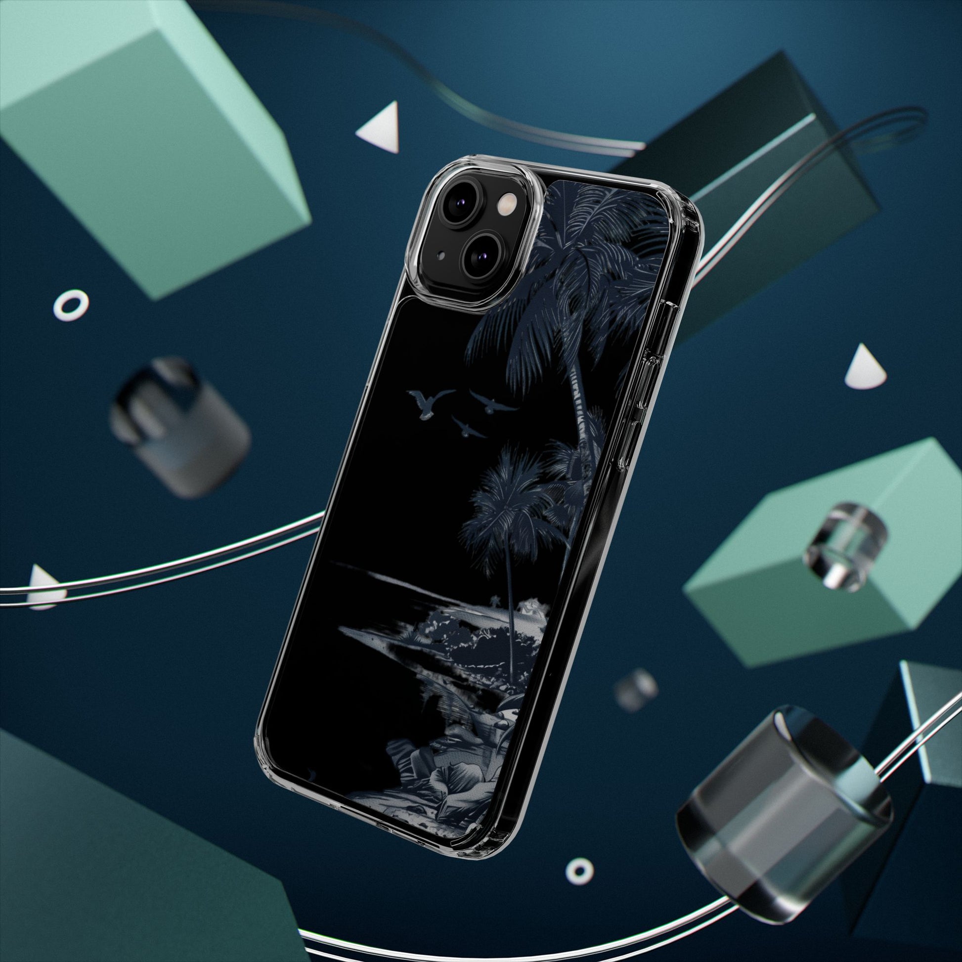 Hand-Drawn Art Beach Scene Clear Phone Case Tropical Palm Trees Surfing iPhone 13 14 15 16 Pro Max Galaxy S23