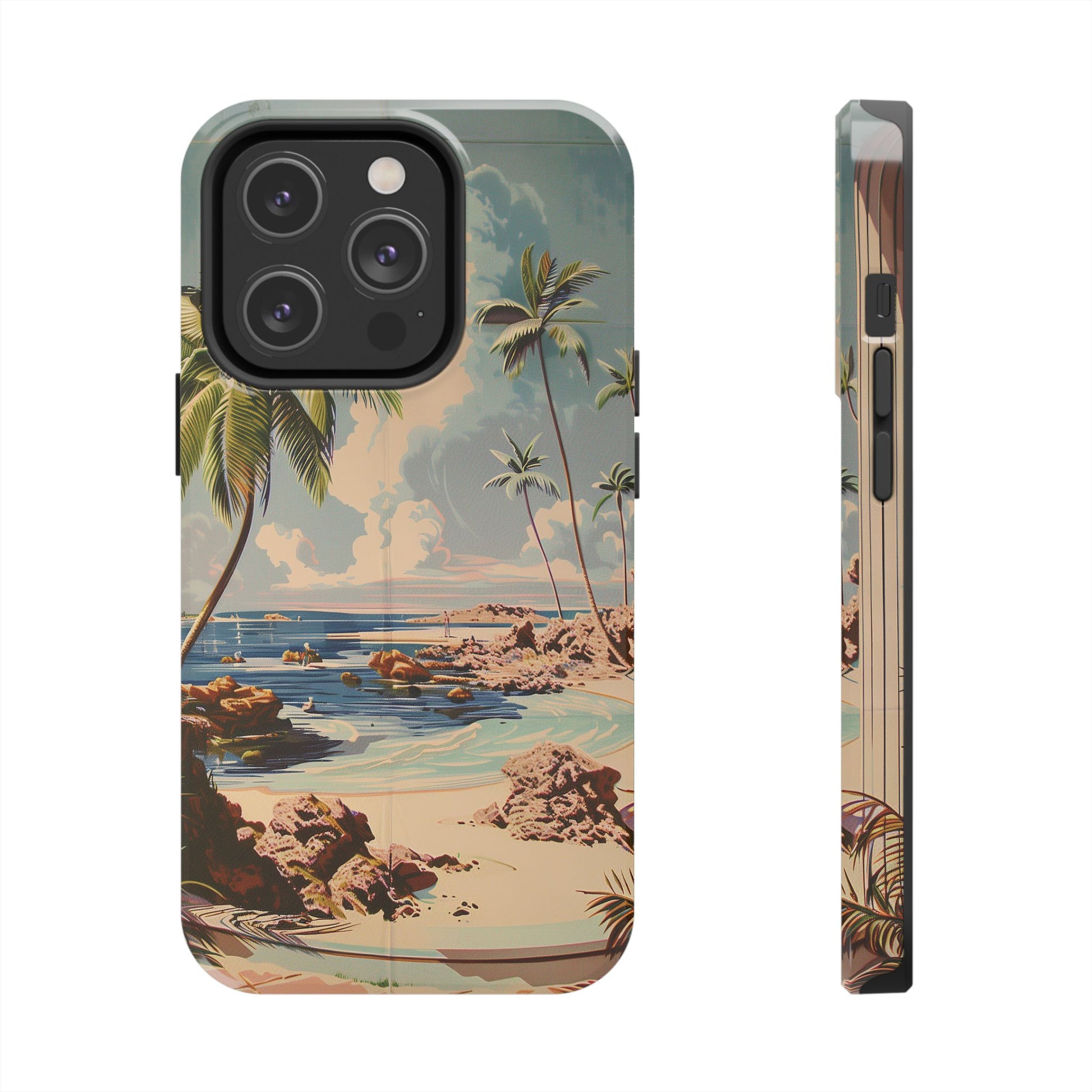 Beach Scene Phone Case Retro Vintage Tropical Ocean Summer Surfing Tiki iPhone 13 14 15 16 Pro Max Galaxy S24