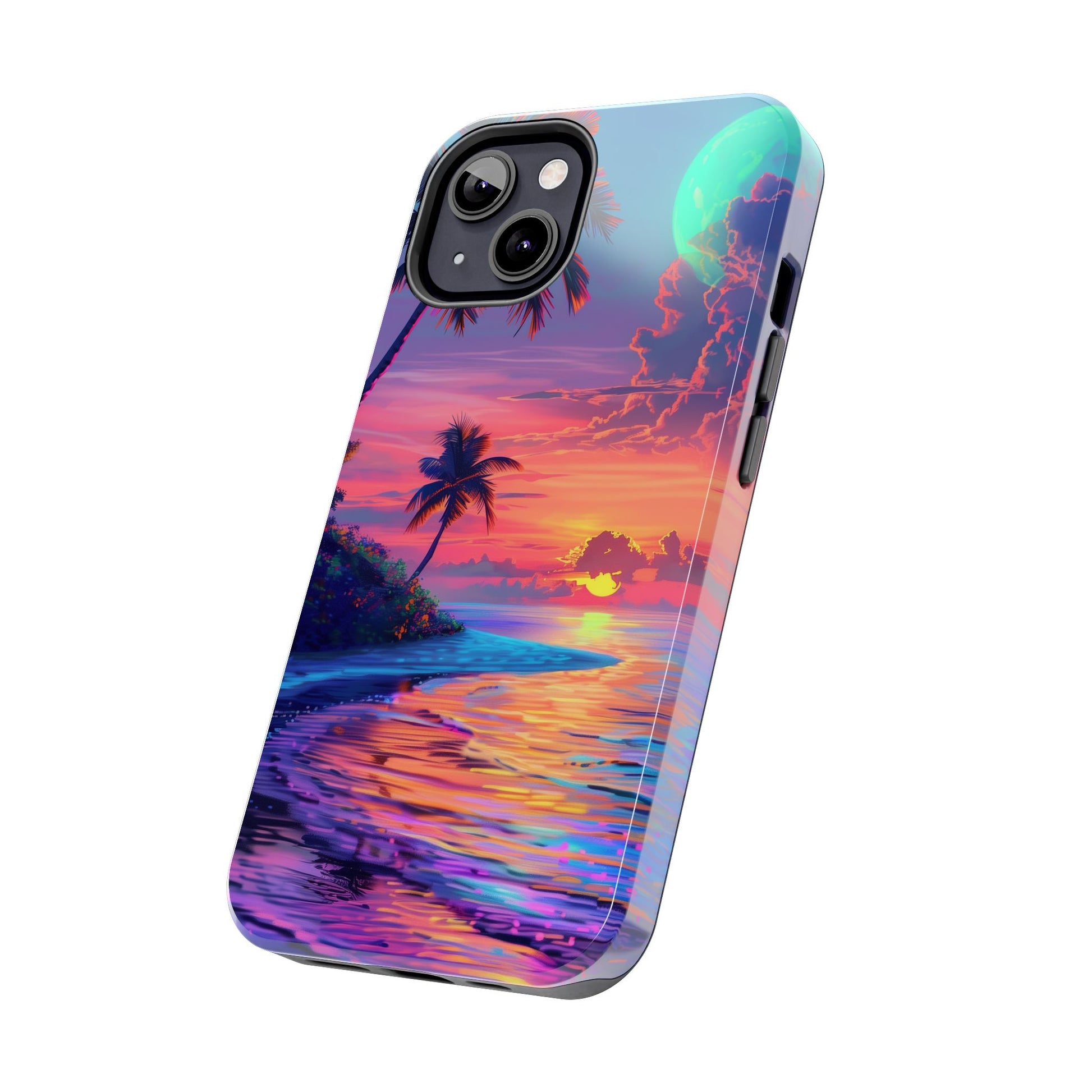 Tough Beach Scene Phone Case - Durable Phone Cover with Lisa Frank Inspired Beach Art - Protective Case with Vibrant Beach Design