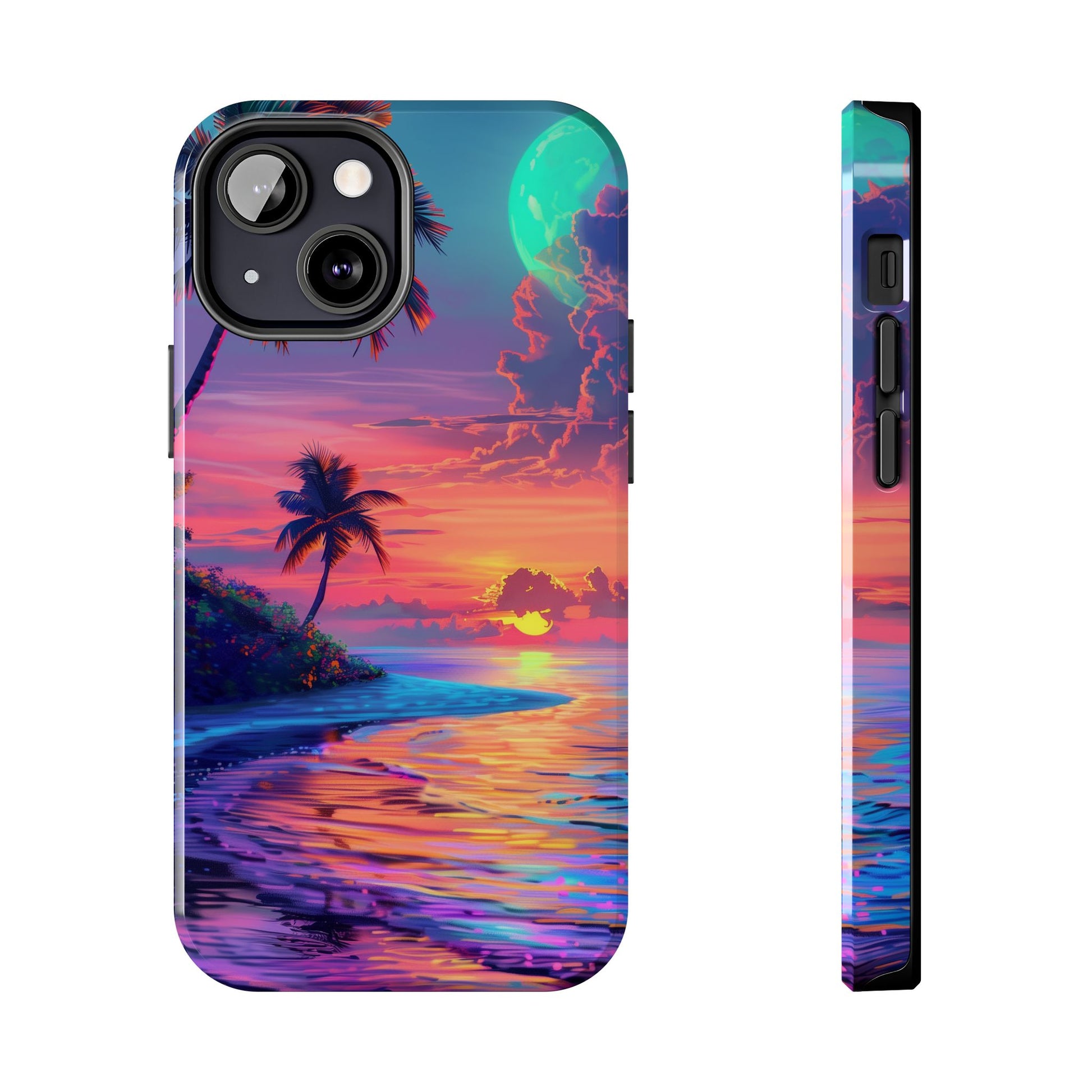 Tough Beach Scene Phone Case - Durable Phone Cover with Lisa Frank Inspired Beach Art - Protective Case with Vibrant Beach Design