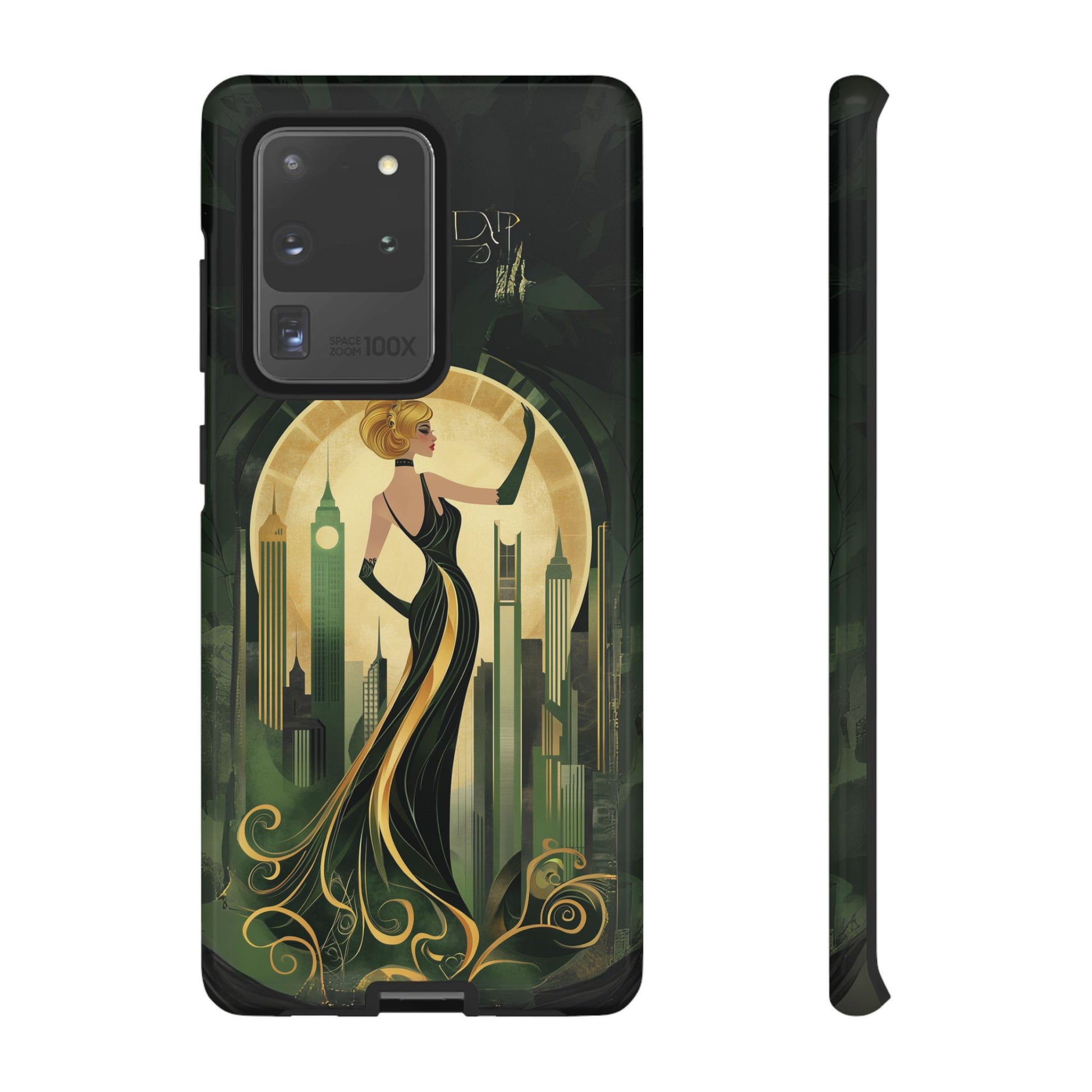 Emerald City Art Deco Flapper Woman Phone Case 1920s Art Nouveau Design in Emerald & Gold Alphonse Mucha Style Gatsby Style Poster