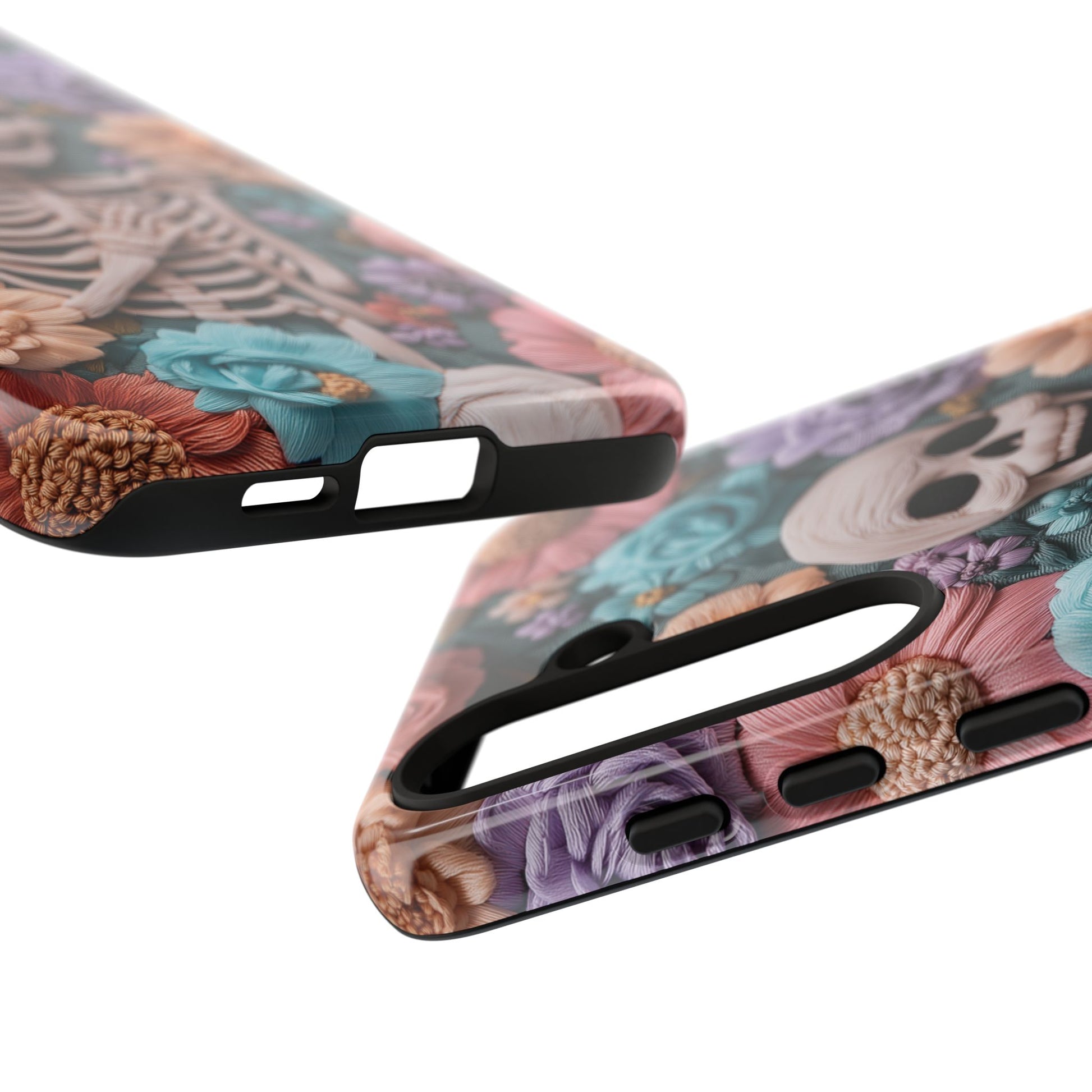 Embroidered Skeleton Gothic Cottagecore Halloween Phone Case 3D Look Flowers Pastel Custom 13 14 15 16 Pro Max Plus Galaxy Pixel
