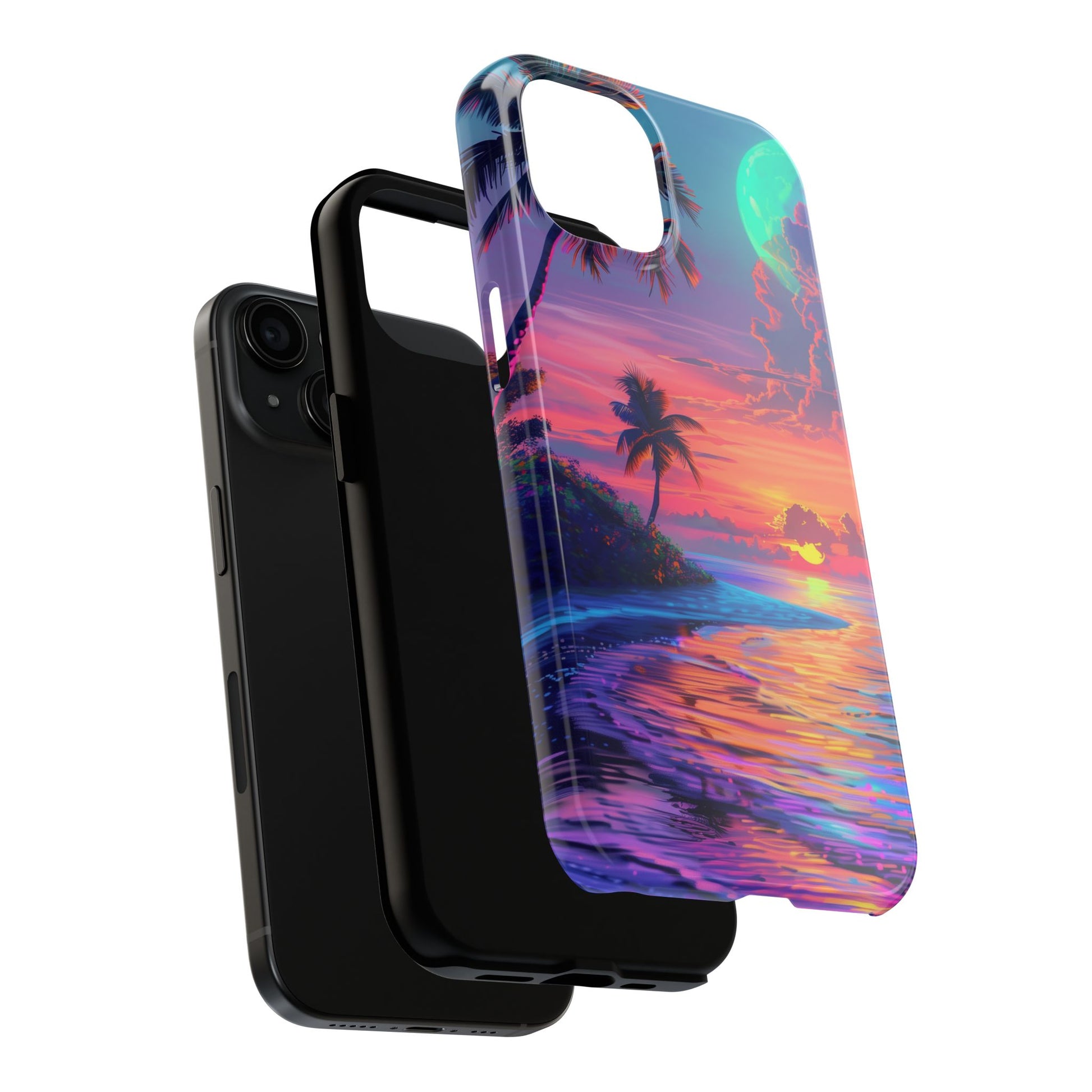 Tough Beach Scene Phone Case - Durable Phone Cover with Lisa Frank Inspired Beach Art - Protective Case with Vibrant Beach Design