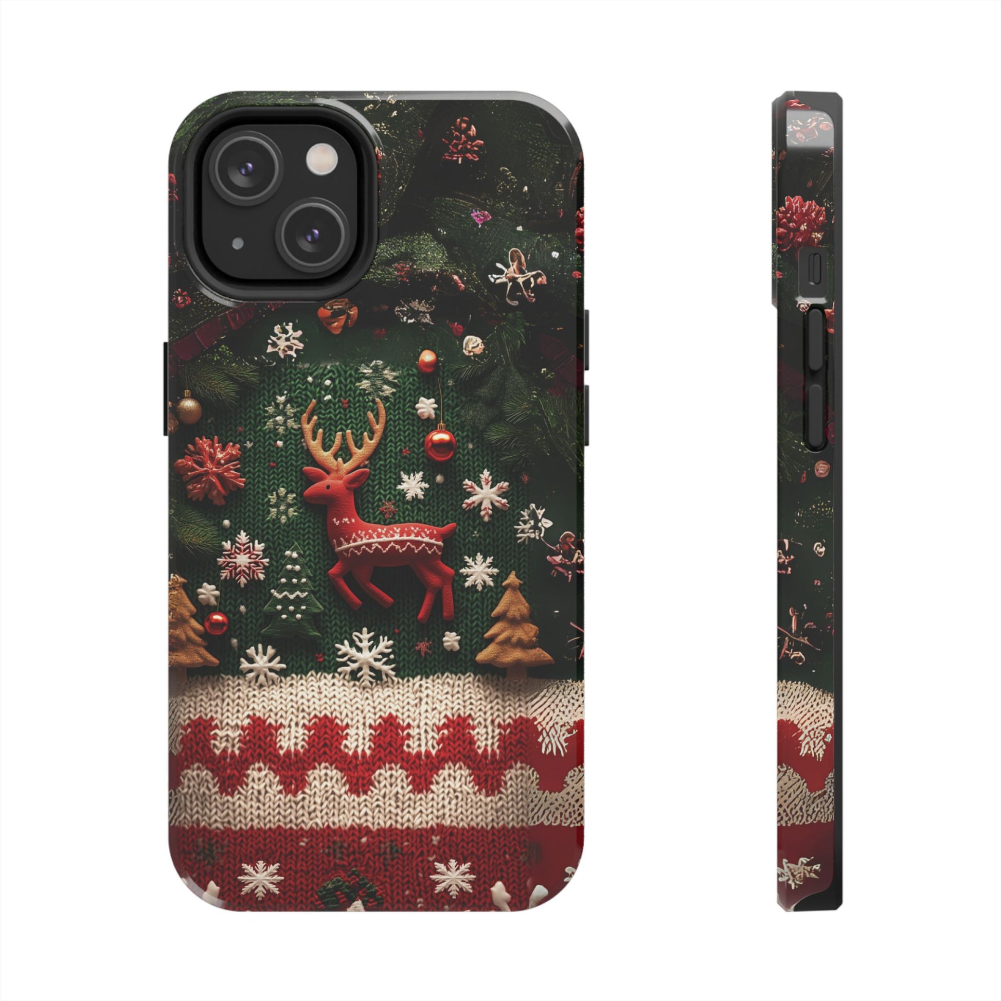 Ugly Christmas Sweater Rudolph Phone Case Festive 3D Knit Textured Red White Green Holiday Red Nosed  Reindeer iPhone 13 14 15 16 Pro Max