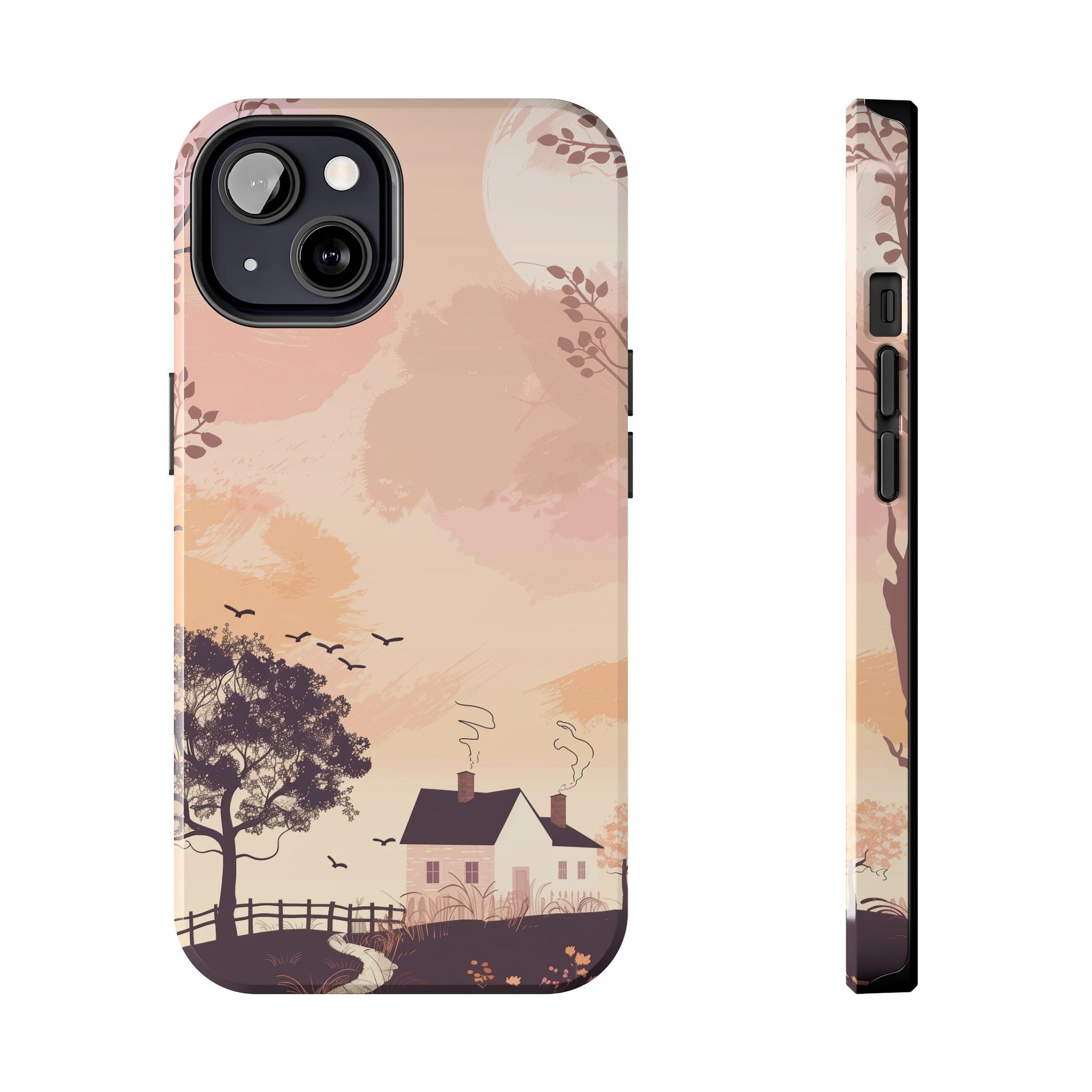 Cottagecore Countryside Sunset Phone Case Cottagecore Aesthetic, Tranquil Pastel Sky Gradient & Silhouette Trees, Whimsical Nature Art Cover