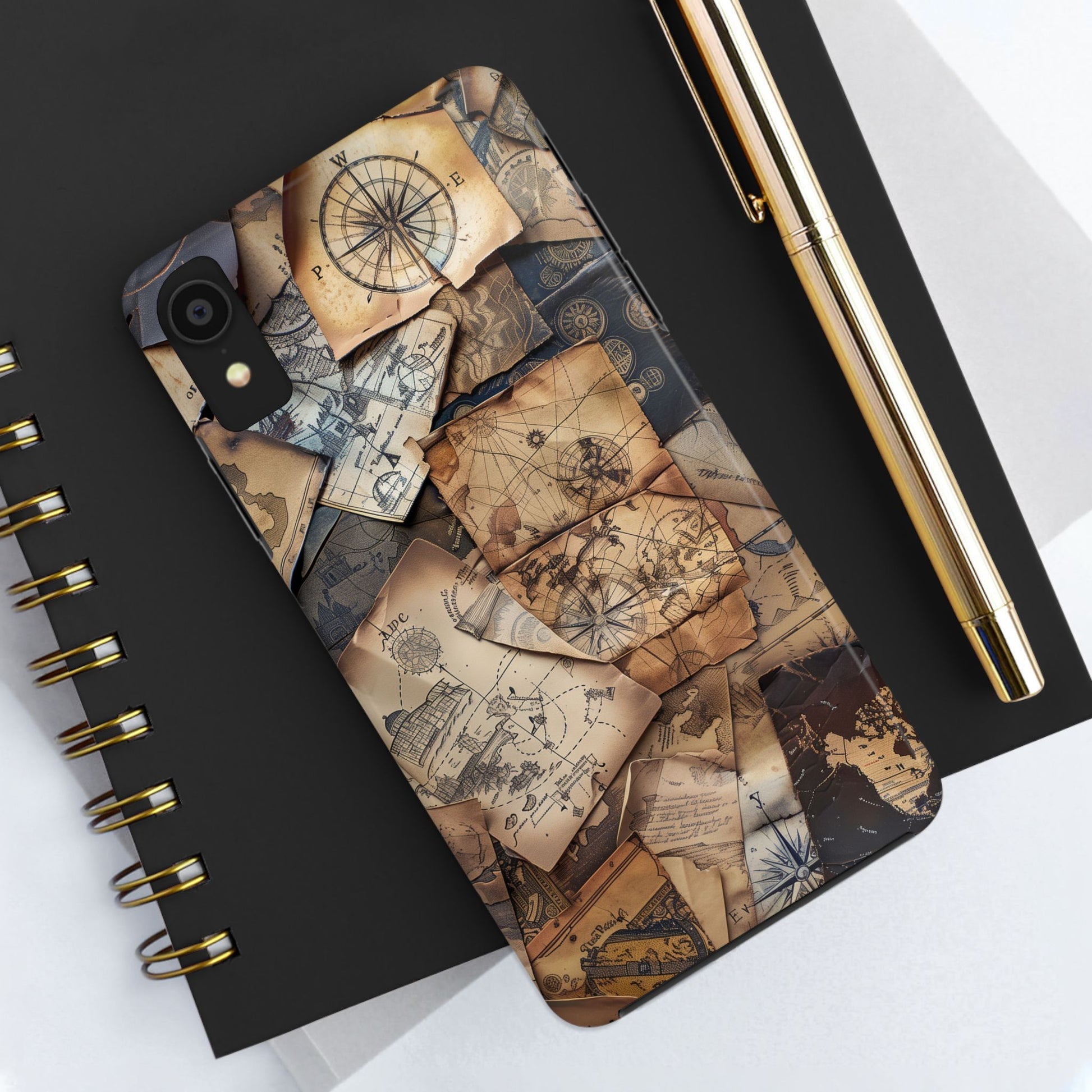 Double Layer Adventure Phone Case - Protective Phone Case Vintage Map and Compass Design - Dual Layer Case with Map Print