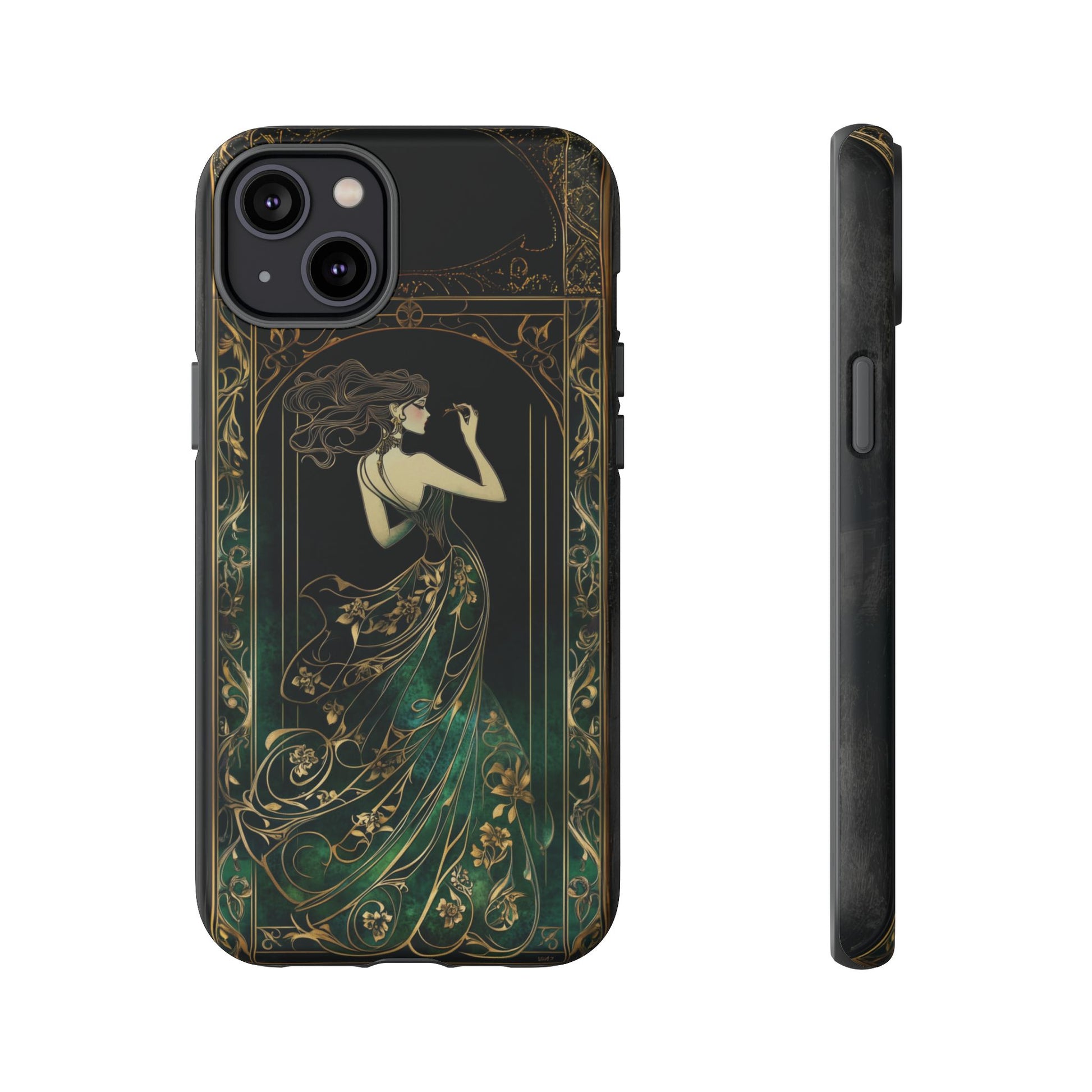 Art Deco Flapper Woman Phone Case 1920s Art Nouveau Design in Emerald & Gold Alphonse Mucha Style Gatsby Style Poster