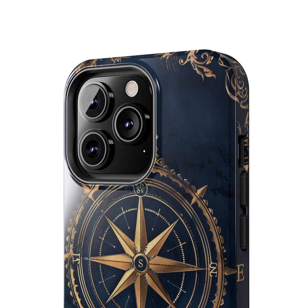 Golden Compass Rose Phone Case, Dark Blue Nautical Design, Unique Maritime Smartphone Cover, Stylish Accessory, Perfect for Travel Lovers