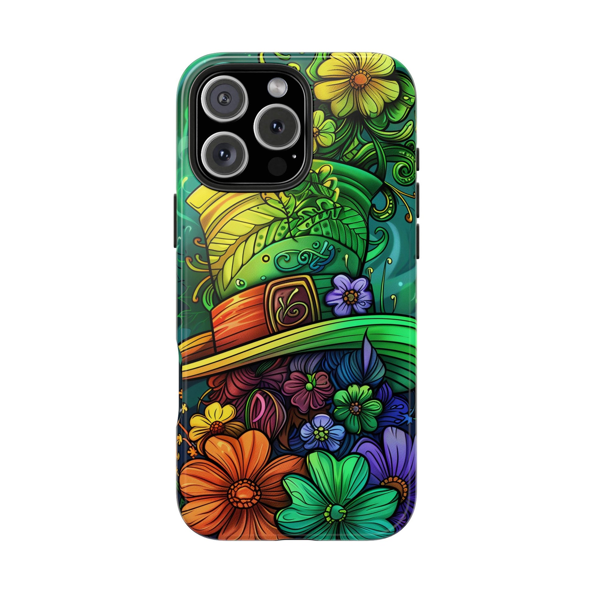 Rainbow St. Patricks Day Good Lucky Phone Case Green Shamrock Protective Tough Durable iPhone 13 14 15 16 Pro Max Plus Galaxy Top Hat Charm