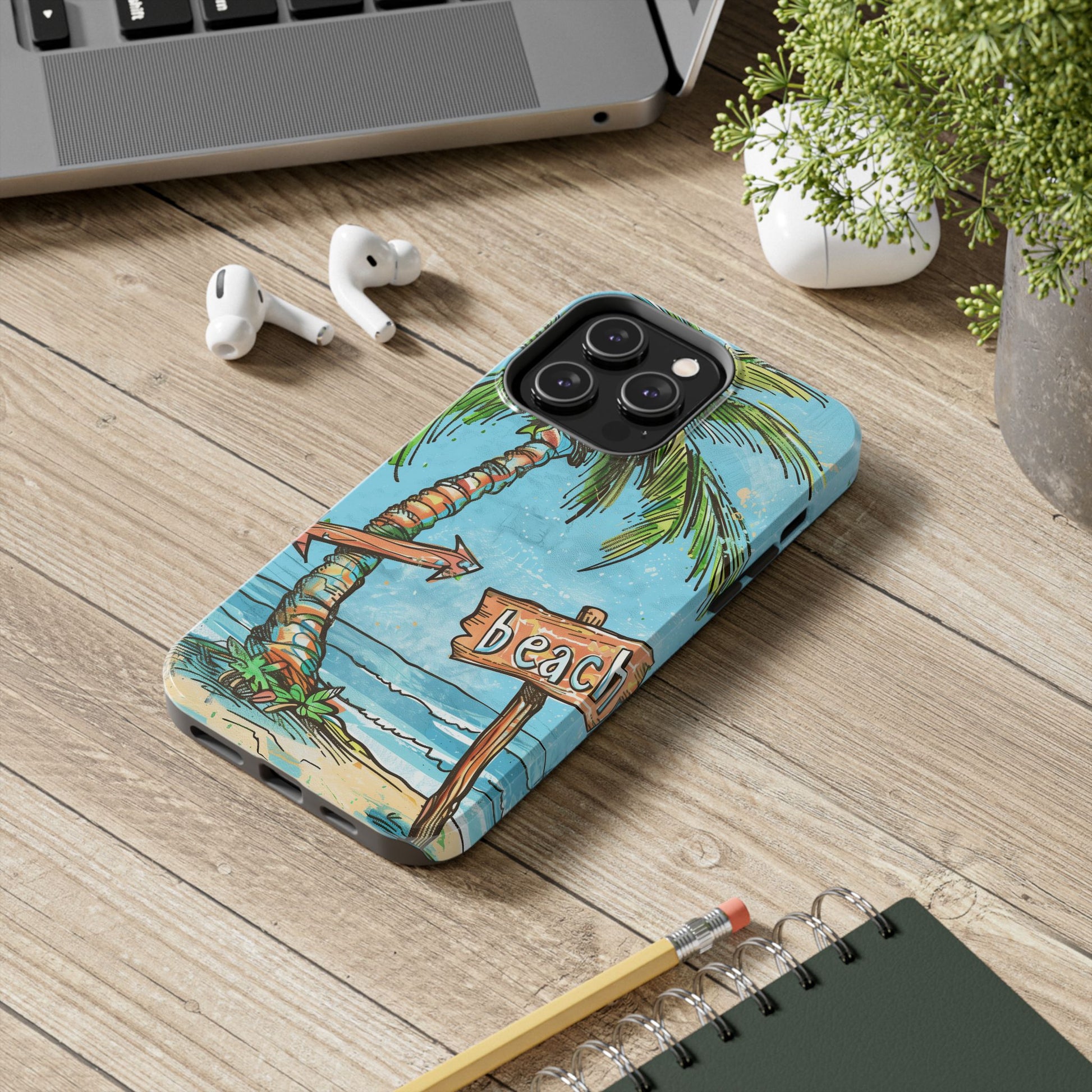 Durable Phone Case with Beach Scene and Palm Tree - Tropical Paradise Protective Cover