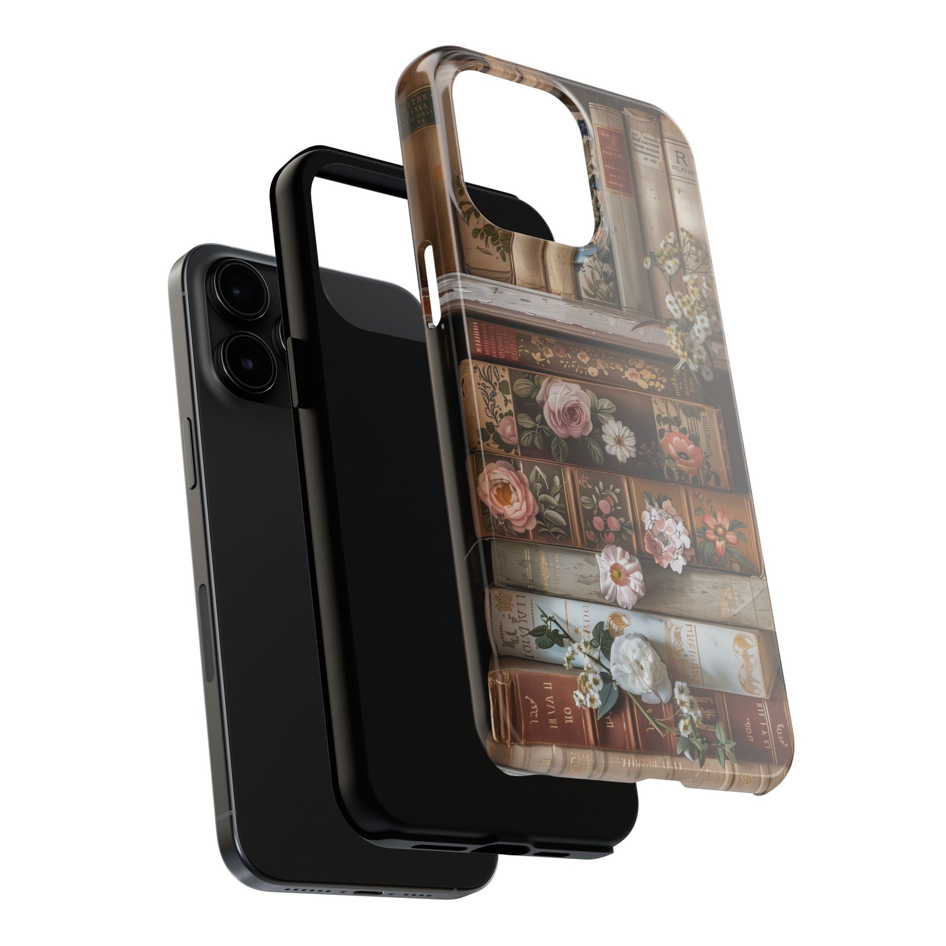 Vintage Book Stack Cottagecore Phone Case, Books with Floral Decor, Leather & Cloth Fliral iPhone Case, Pastel Roses Daisies Wildflowers