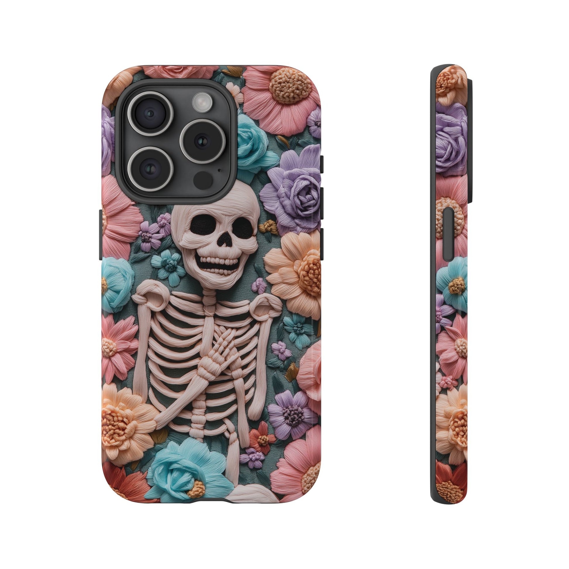 Embroidered Skeleton Gothic Cottagecore Halloween Phone Case 3D Look Flowers Pastel Custom 13 14 15 16 Pro Max Plus Galaxy Pixel