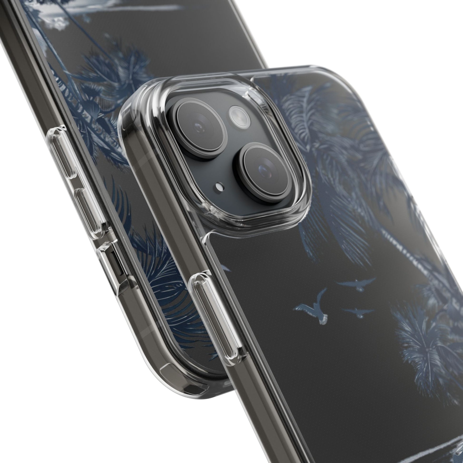 Hand-Drawn Art Beach Scene Clear Phone Case Tropical Palm Trees Surfing iPhone 13 14 15 16 Pro Max Galaxy S23